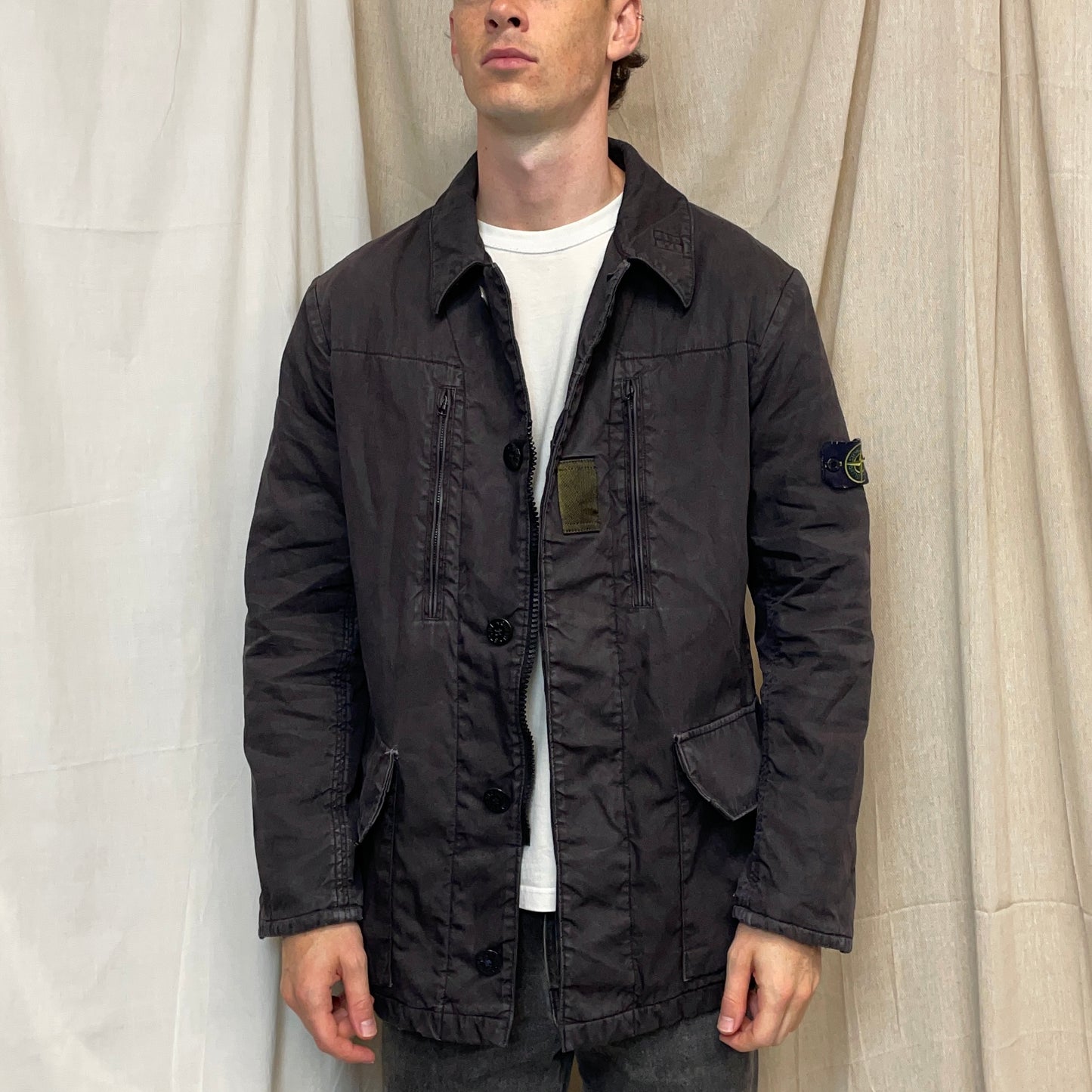Stone Island Dark Grey AW05 Lino Flax Coated-Linen Wool-Lined Overcoat