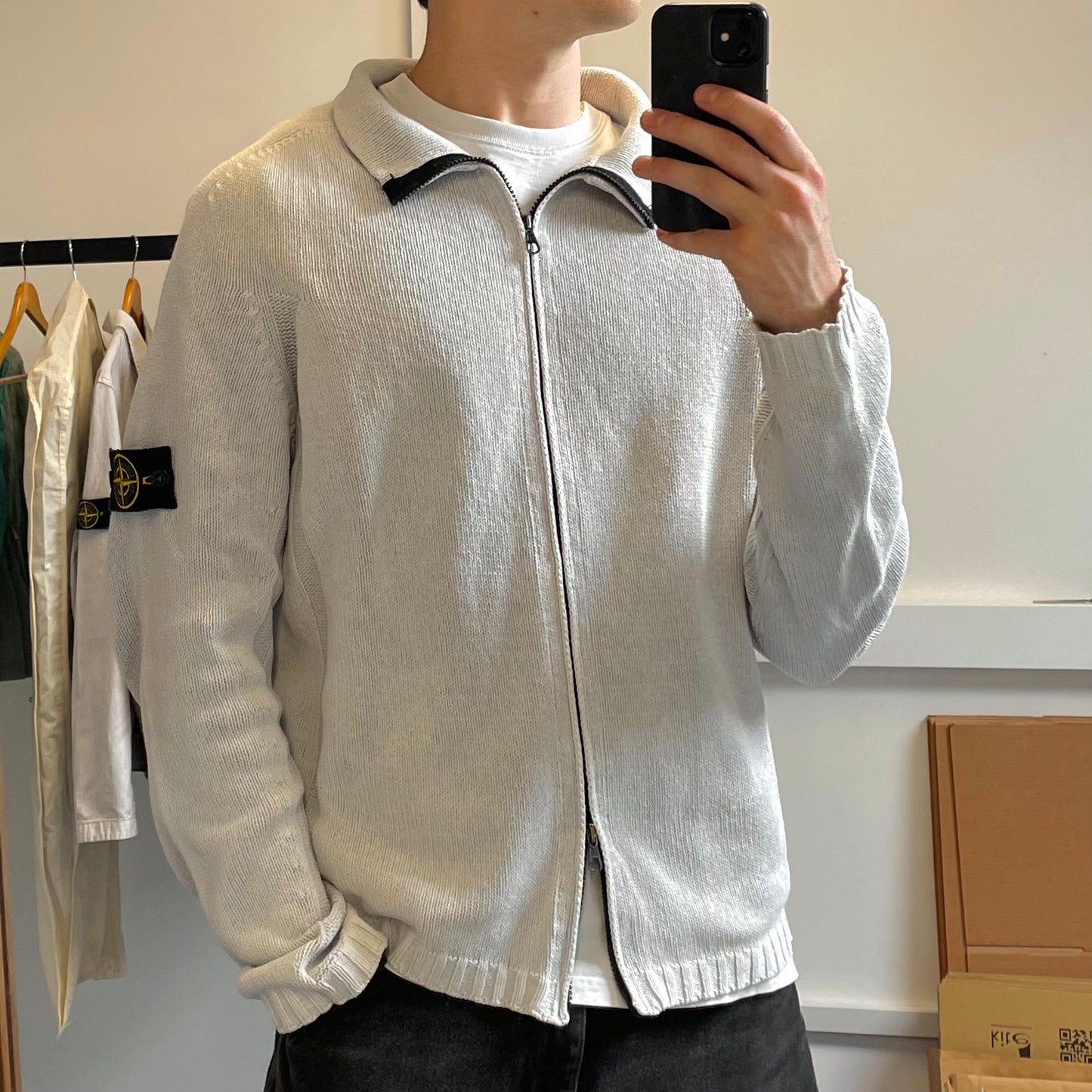 Stone Island White Zip-Through Knit Jumper SS03