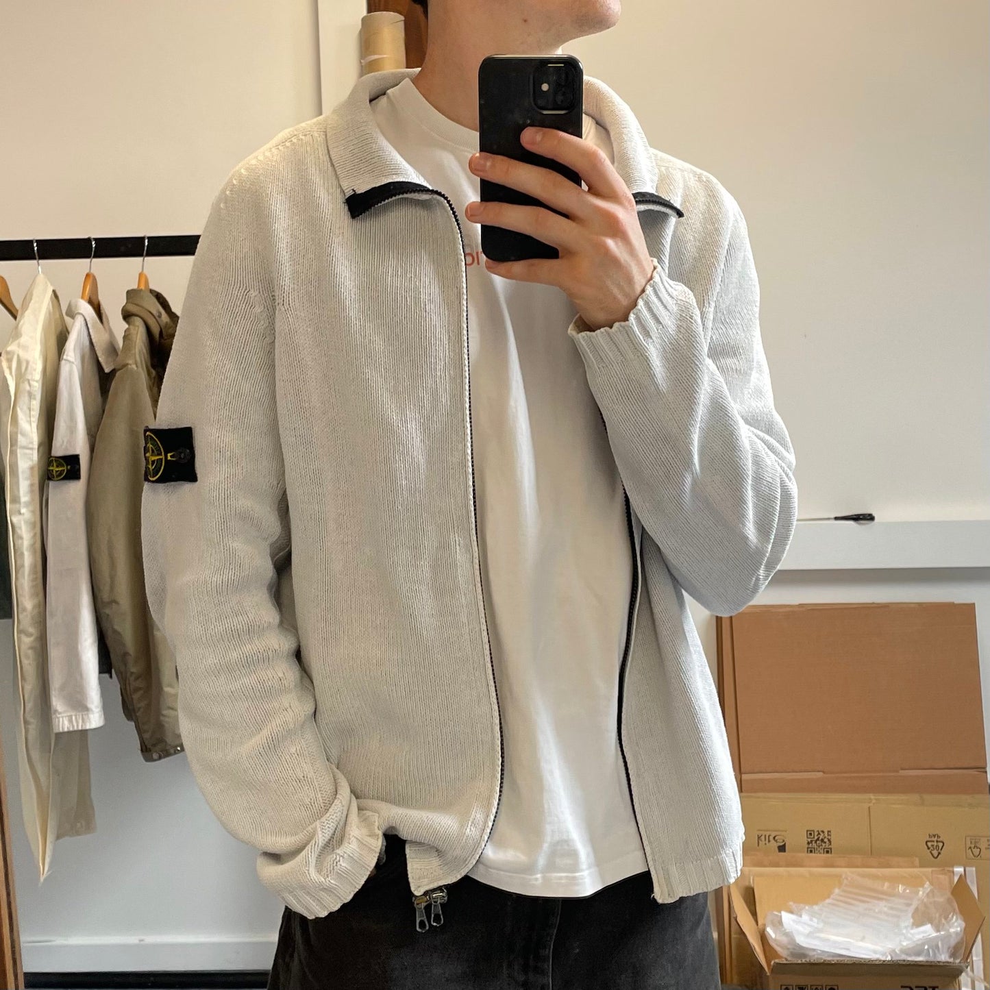 Stone Island White Zip-Through Knit Jumper SS03