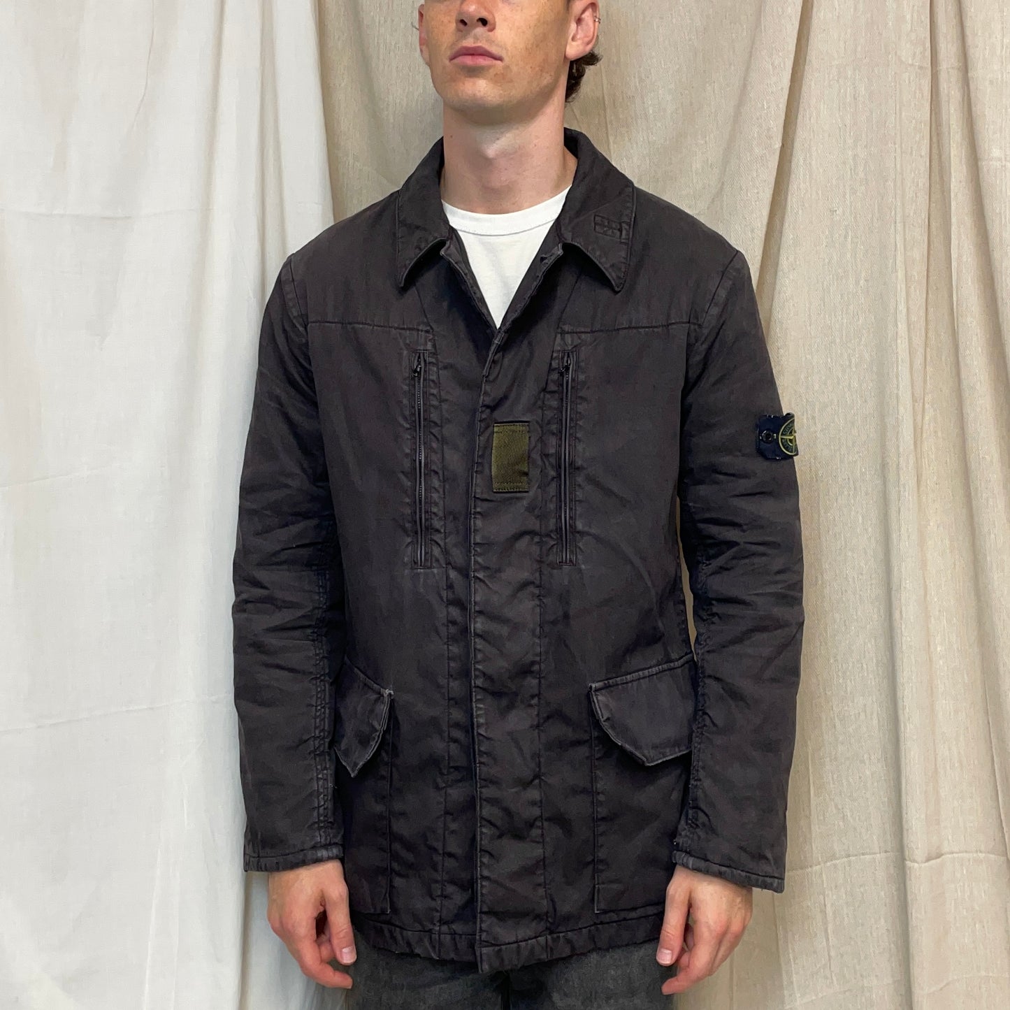 Stone Island Dark Grey AW05 Lino Flax Coated-Linen Wool-Lined Overcoat