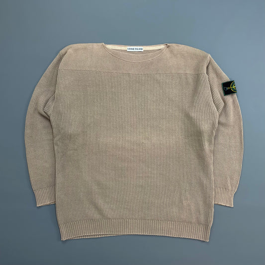 Stone Island Brown 1980s Boat Neck Green Edge Badge Ribbed Knit Jumper