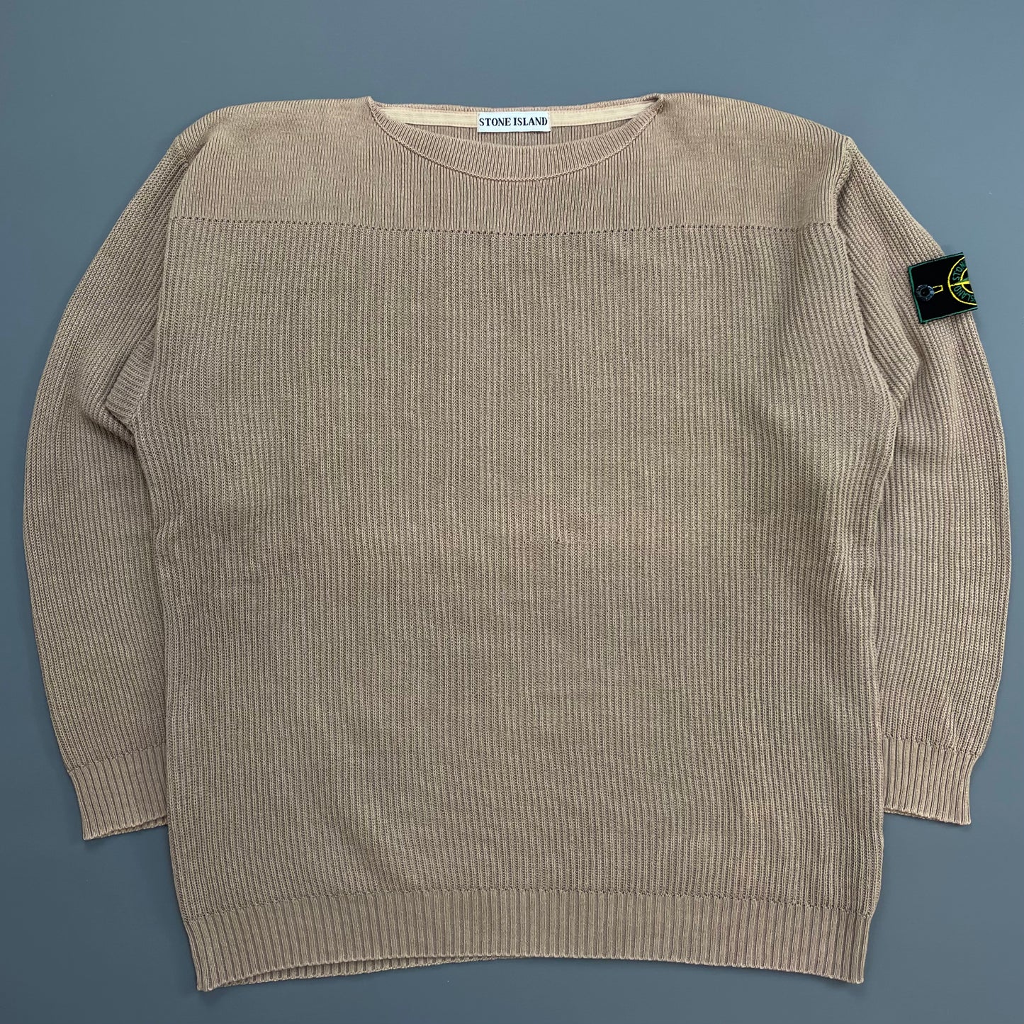 Stone Island Brown 1980s Boat Neck Green Edge Badge Ribbed Knit Jumper