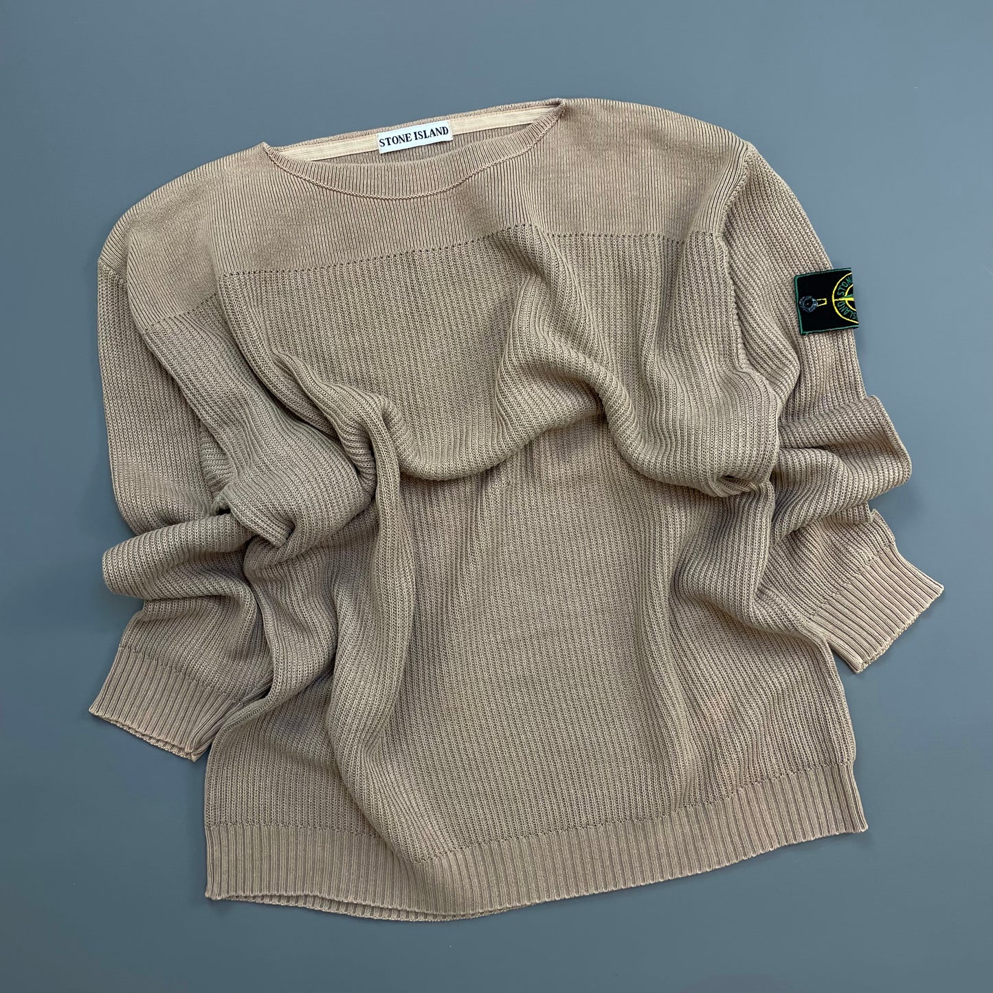 Stone Island Brown 1980s Boat Neck Green Edge Badge Ribbed Knit Jumper