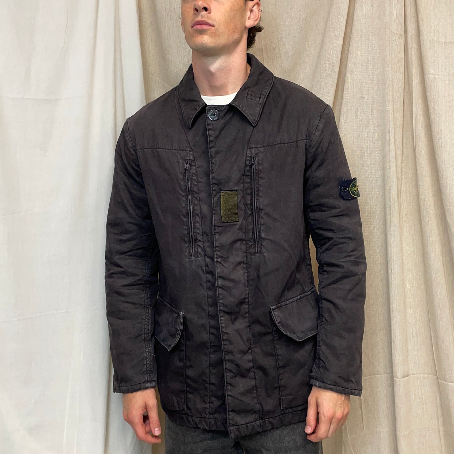 Stone Island Dark Grey AW05 Lino Flax Coated-Linen Wool-Lined Overcoat