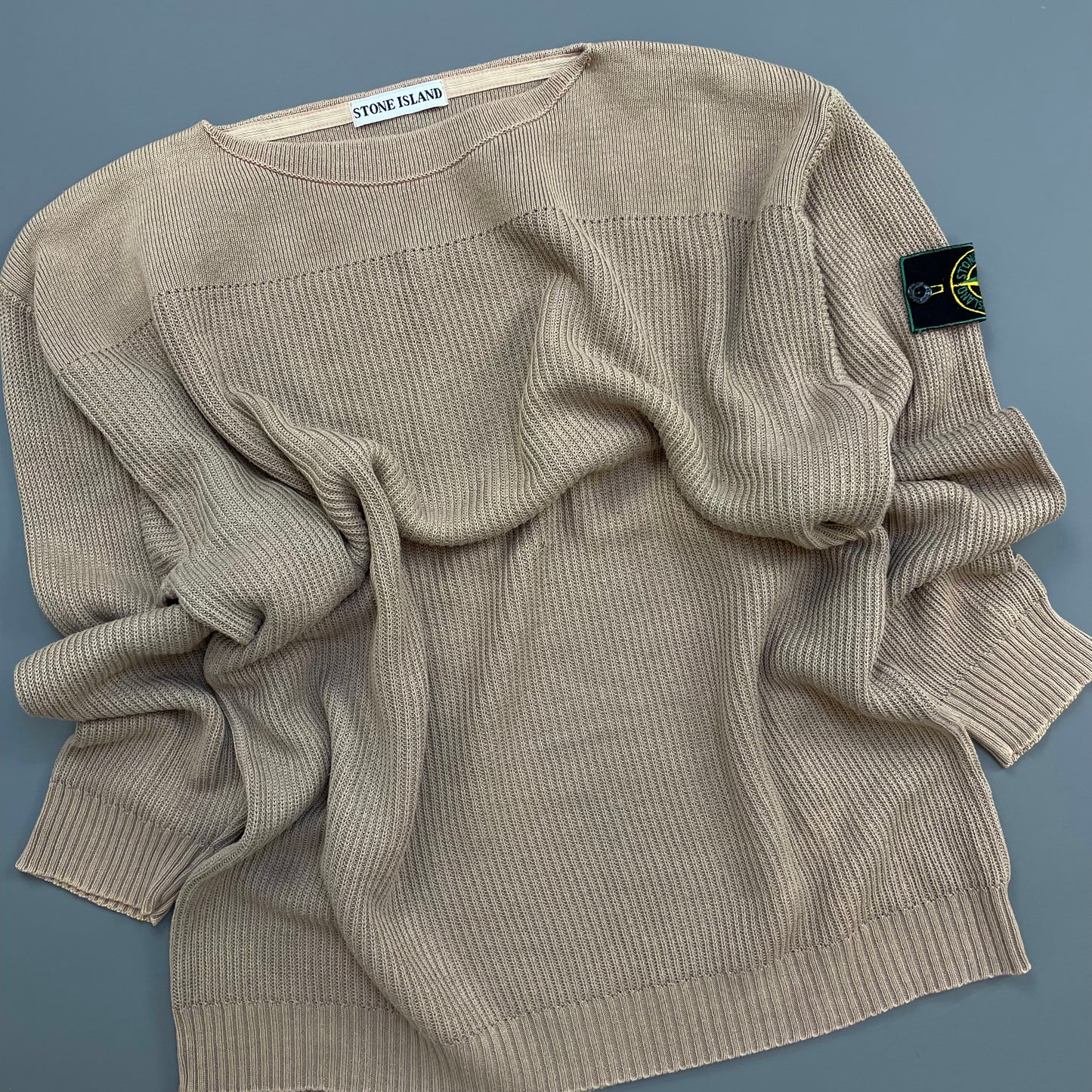 Stone Island Brown 1980s Boat Neck Green Edge Badge Ribbed Knit Jumper