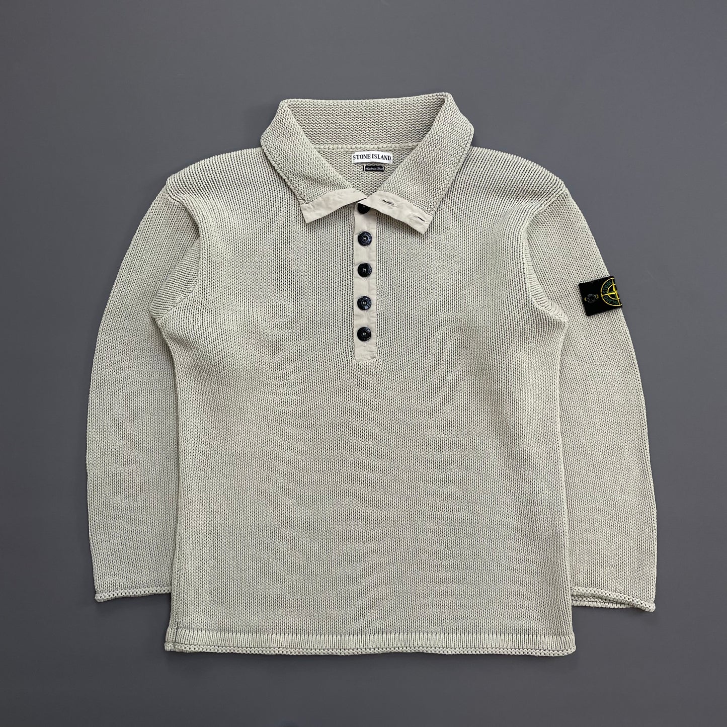 Stone Island Grey SS00 Heavyweight Button Collar Knit Jumper