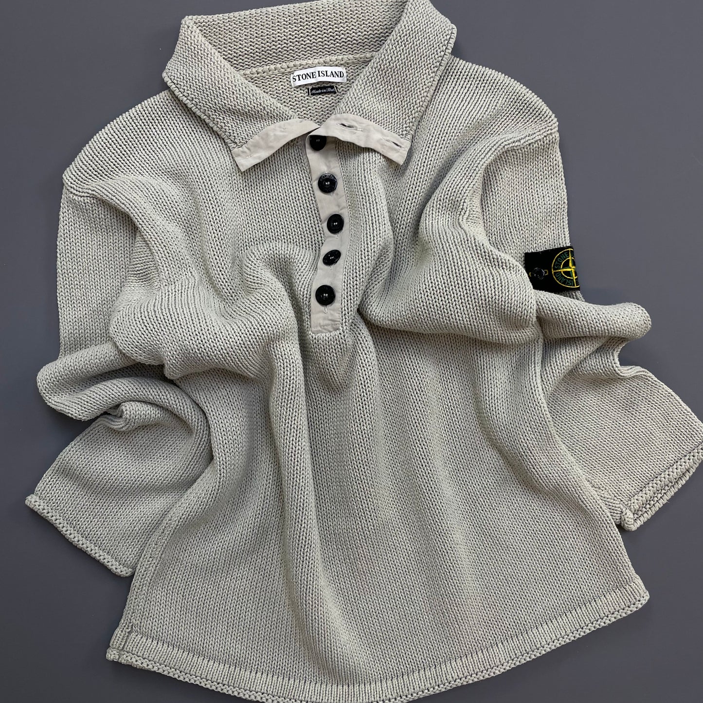 Stone Island Grey SS00 Heavyweight Button Collar Knit Jumper