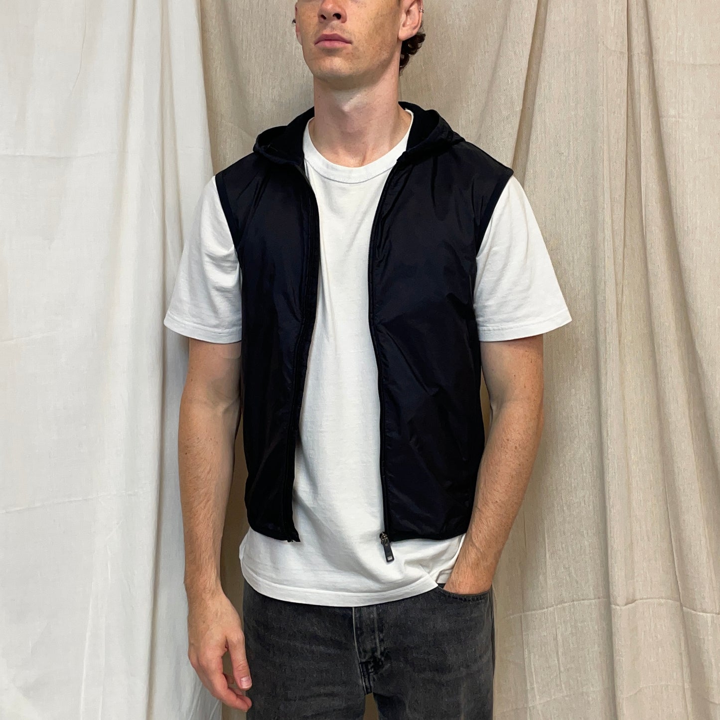 Prada Sport Black 2015 Nylon Panelled Hooded Gilet Vest
