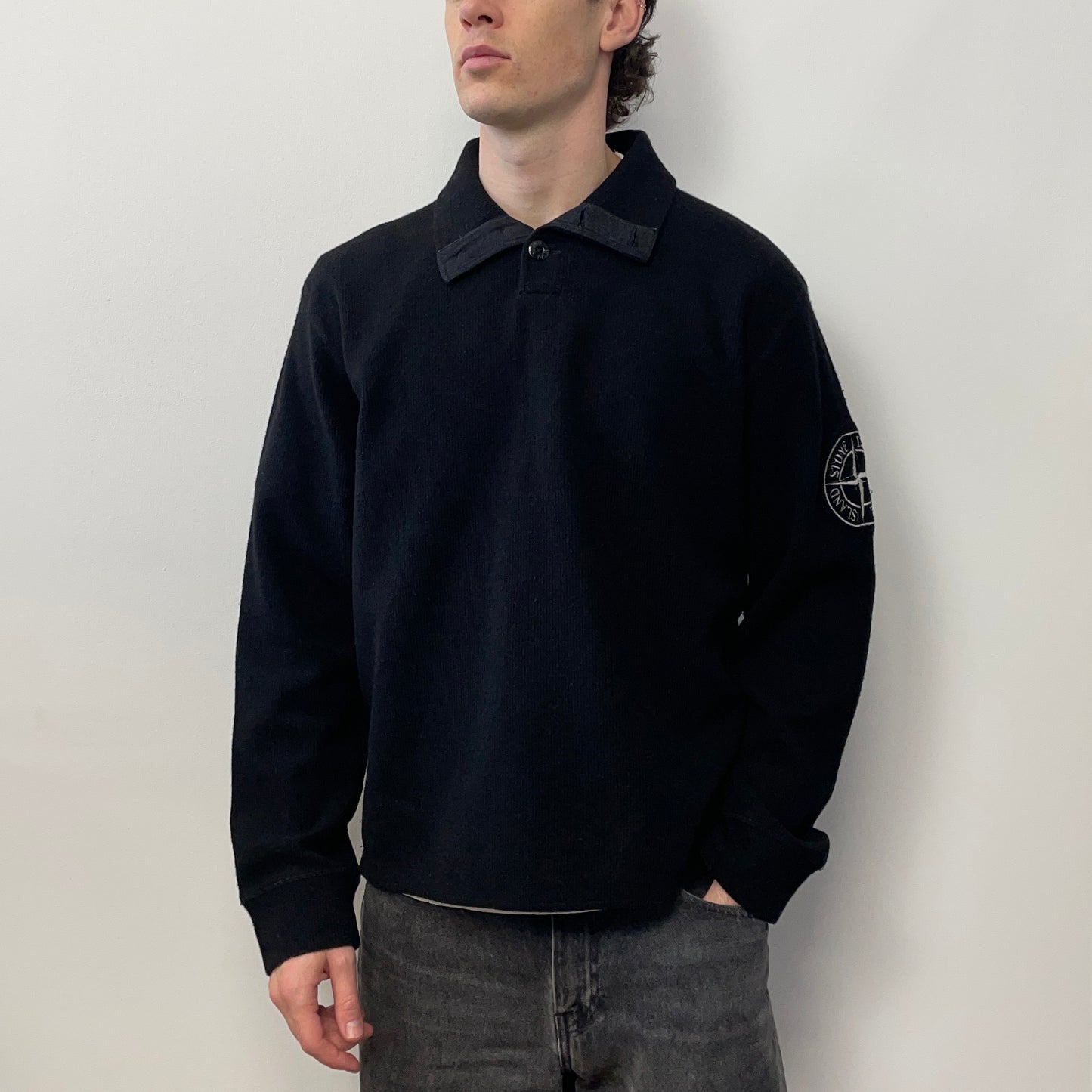 Stone Island Black AW03 Wool Blend Ribbed Knit Collared Jumper