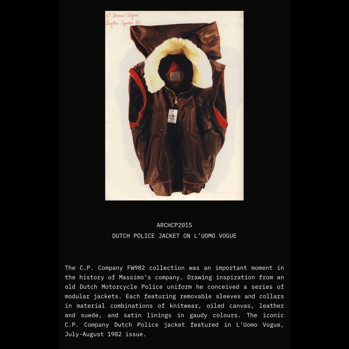 C.P. Company Brown FW82 Removable Sleeve Dutch Police L'Uomo Vogue Archive Jacket