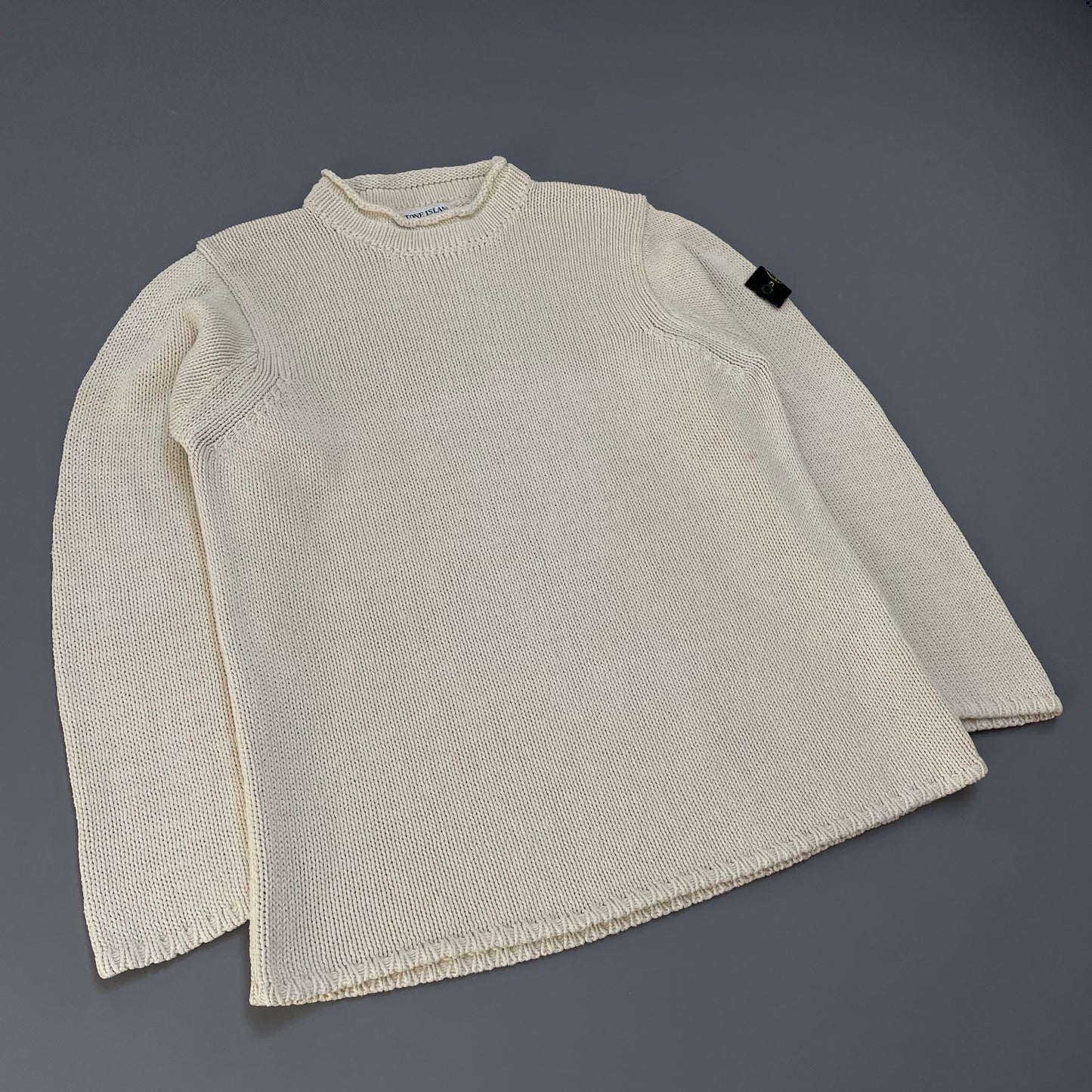 Stone Island Cream SS00 Heavyweight Raw-Edge Collar Knit Jumper