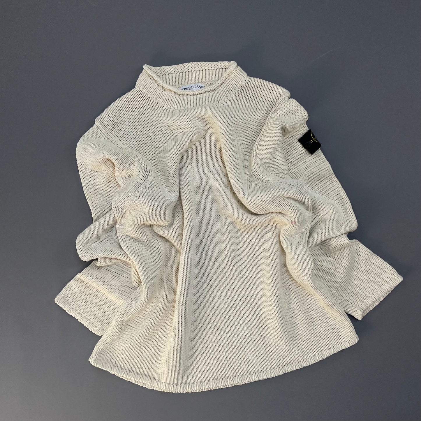 Stone Island Cream SS00 Heavyweight Raw-Edge Collar Knit Jumper