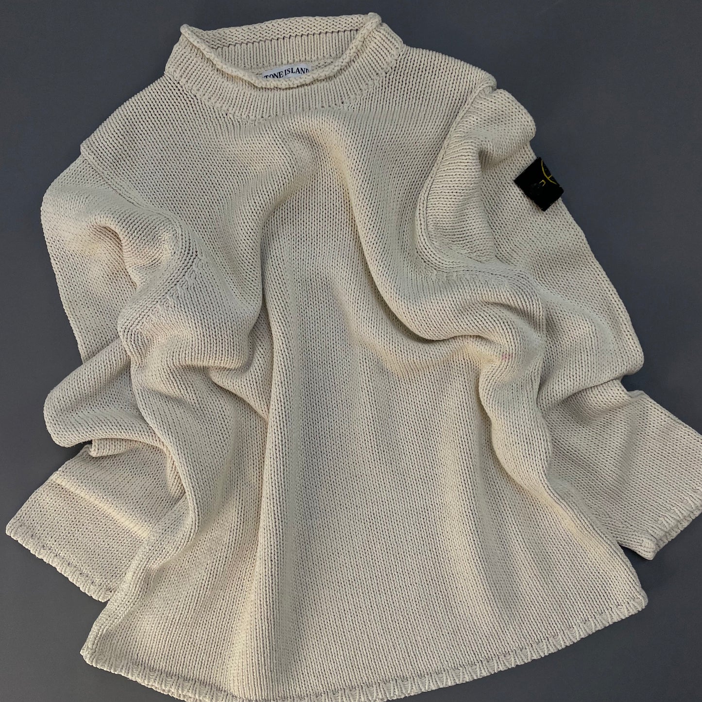 Stone Island Cream SS00 Heavyweight Raw-Edge Collar Knit Jumper