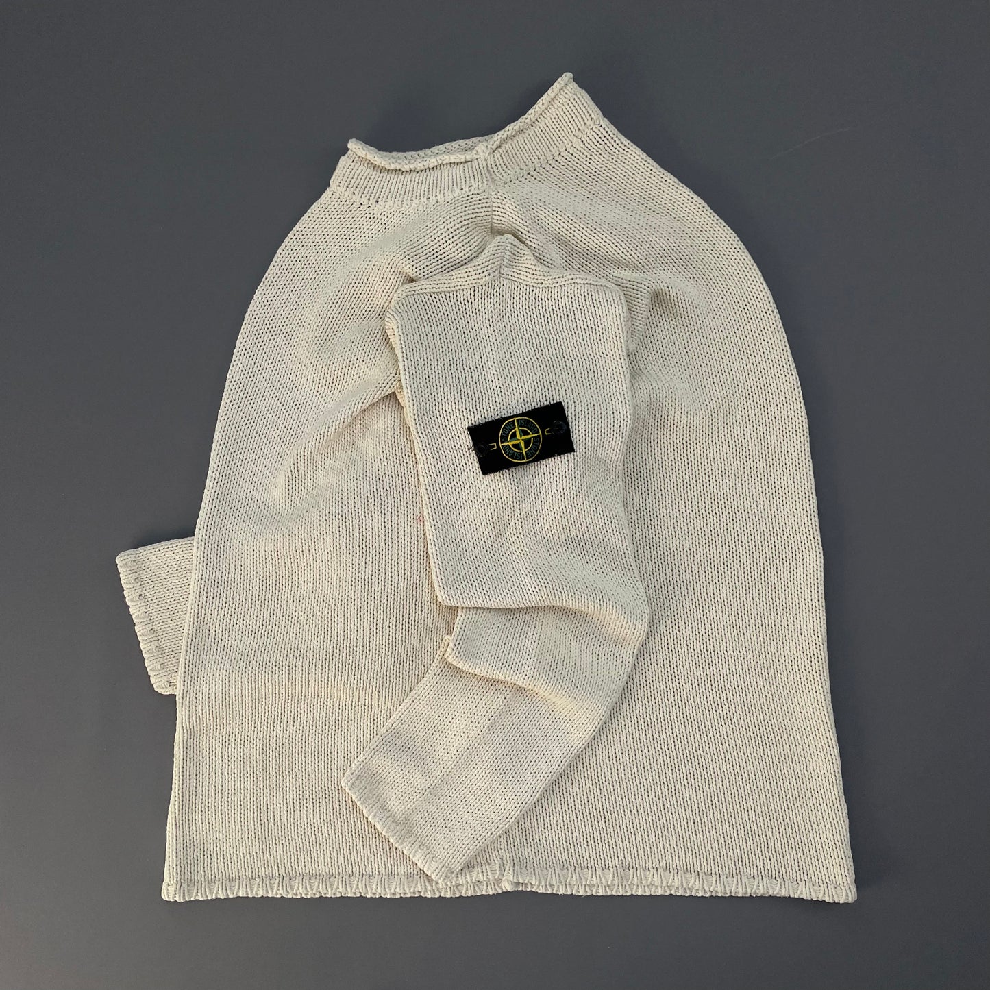 Stone Island Cream SS00 Heavyweight Raw-Edge Collar Knit Jumper