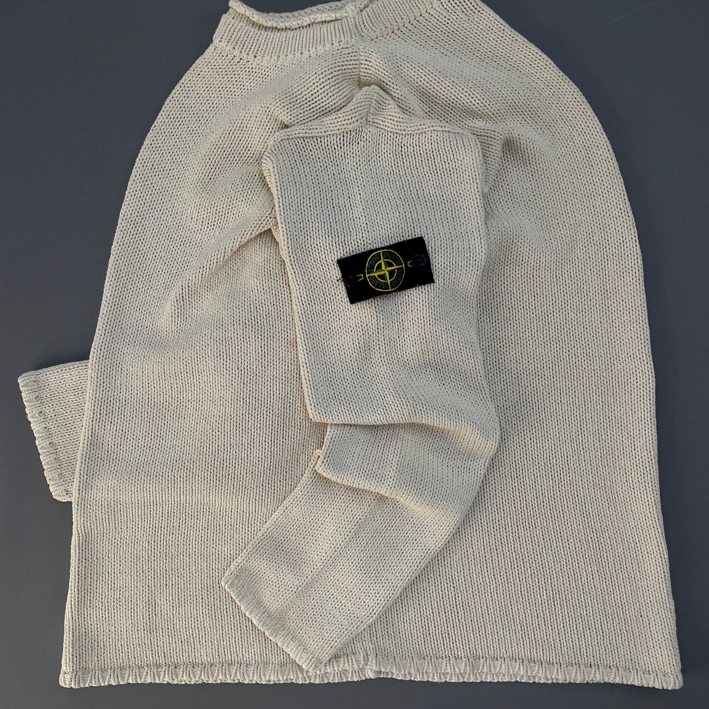 Stone Island Cream SS00 Heavyweight Raw-Edge Collar Knit Jumper