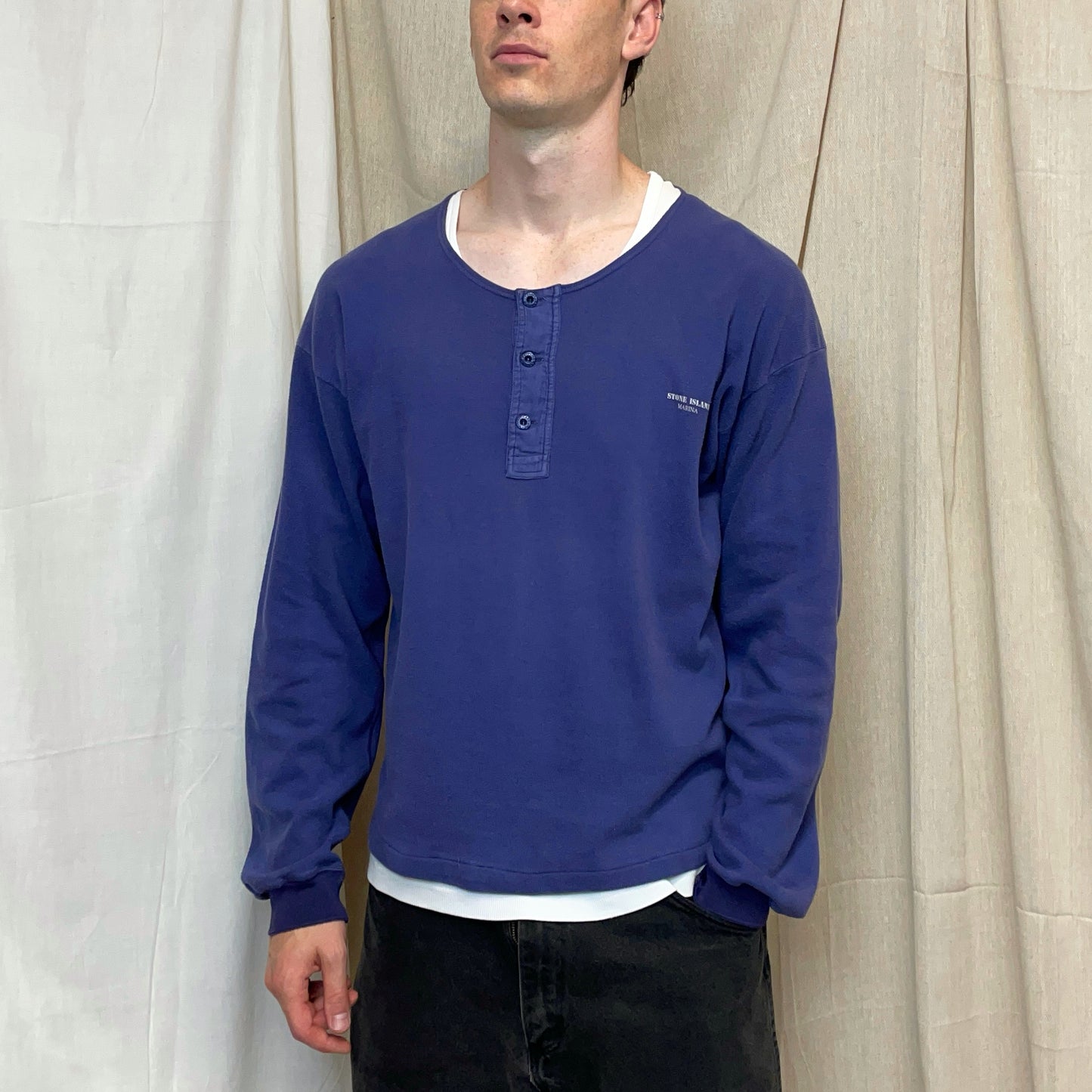 Stone Island Blue 80s Marina Scoop Neck Button-Up Jumper