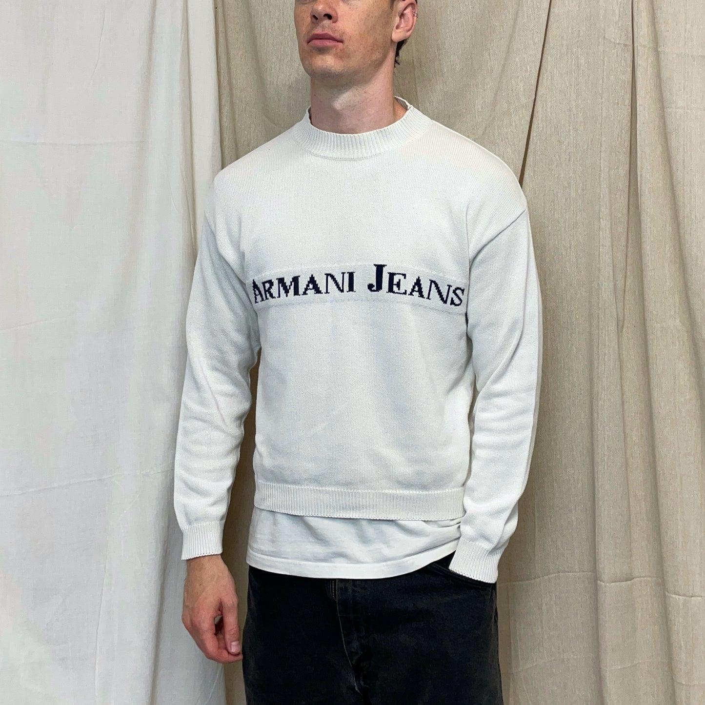 Armani Jeans White 90s Spellout Knit Jumper