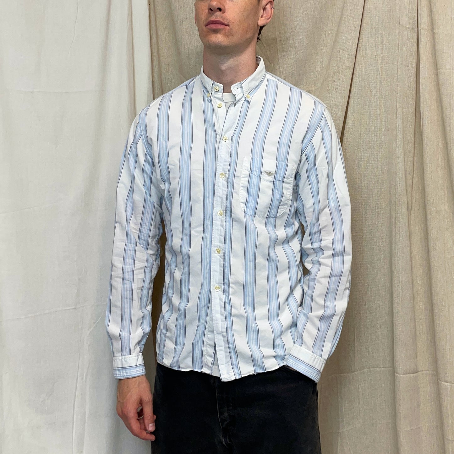 Emporio Armani White & Blue 80s Cotton Button-Through Pocket Shirt