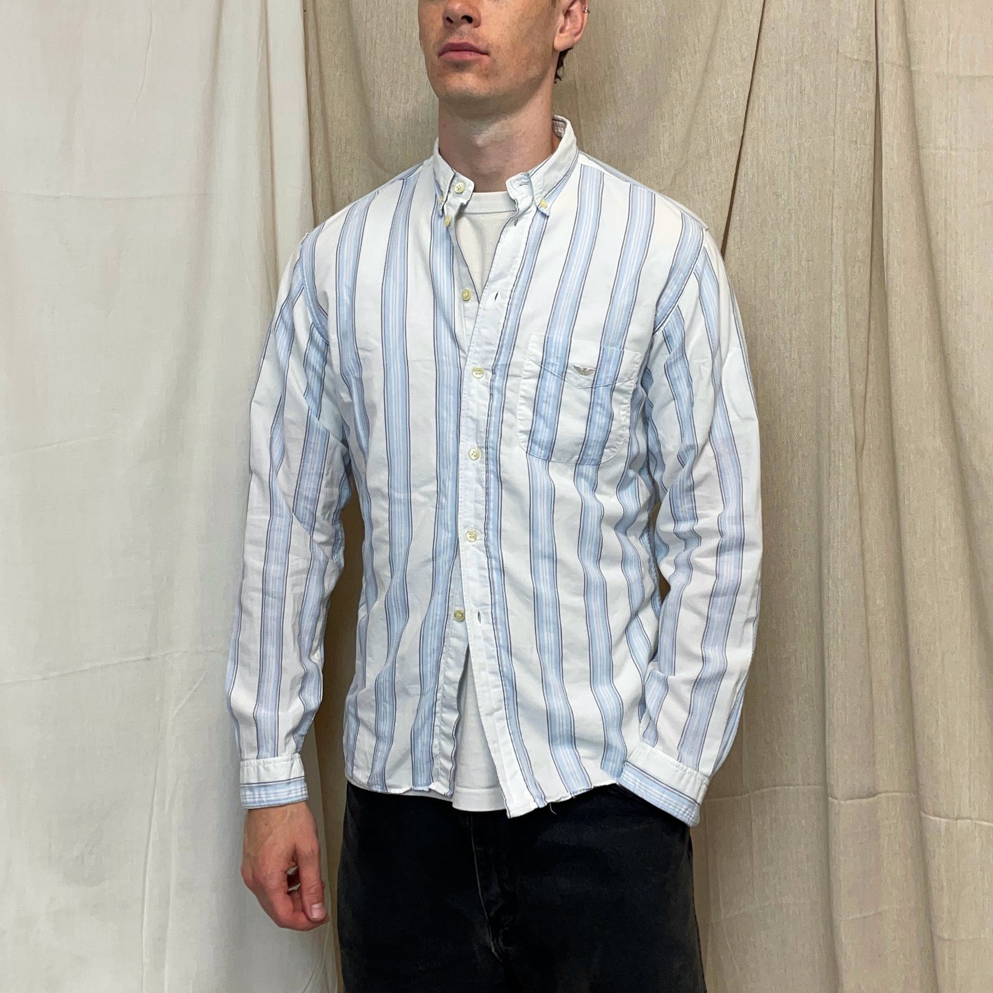 Emporio Armani White & Blue 80s Cotton Button-Through Pocket Shirt