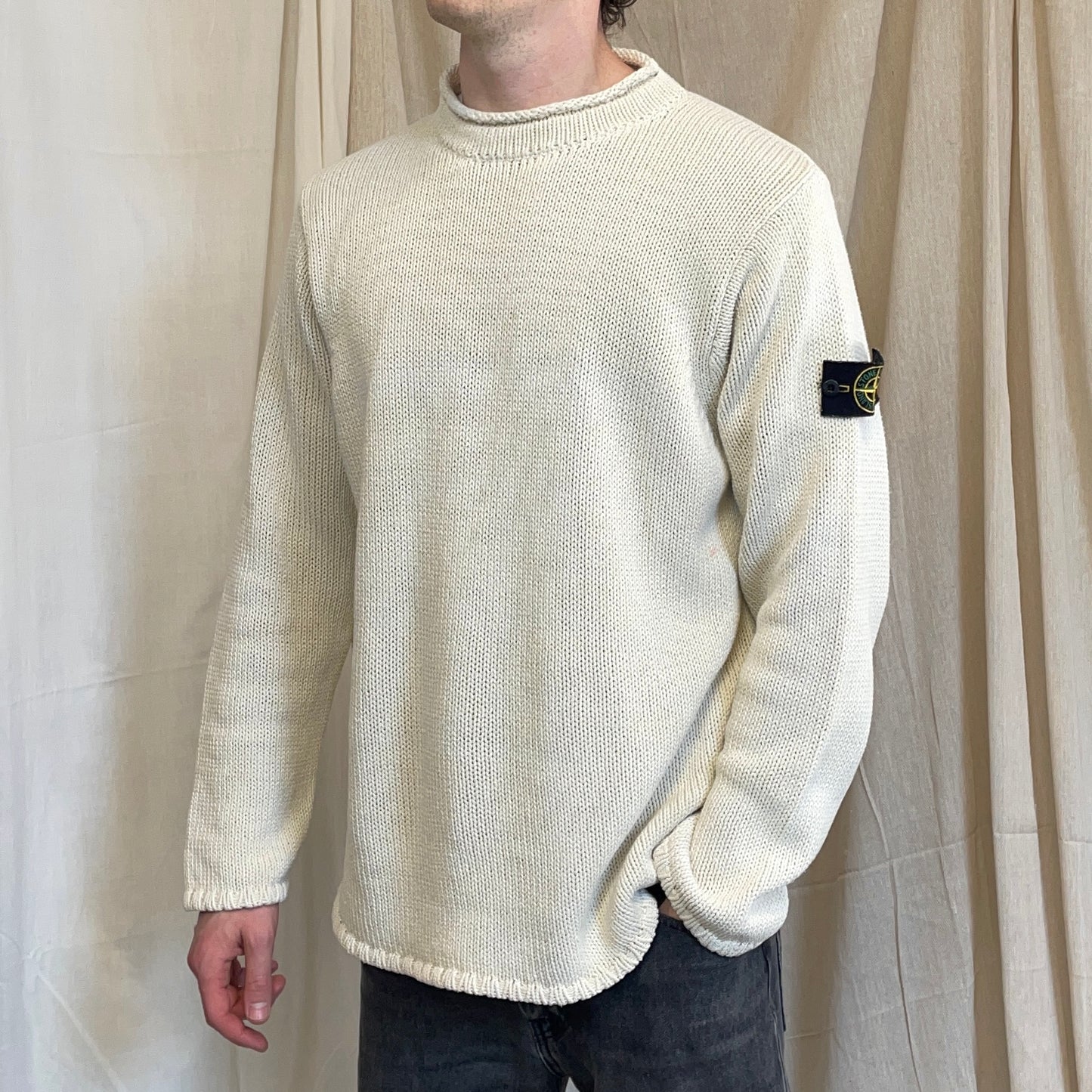 Stone Island Cream SS00 Heavyweight Raw-Edge Collar Knit Jumper