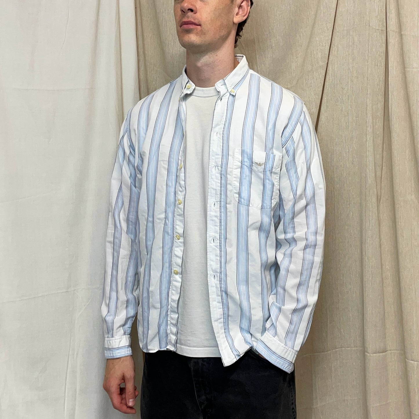 Emporio Armani White & Blue 80s Cotton Button-Through Pocket Shirt