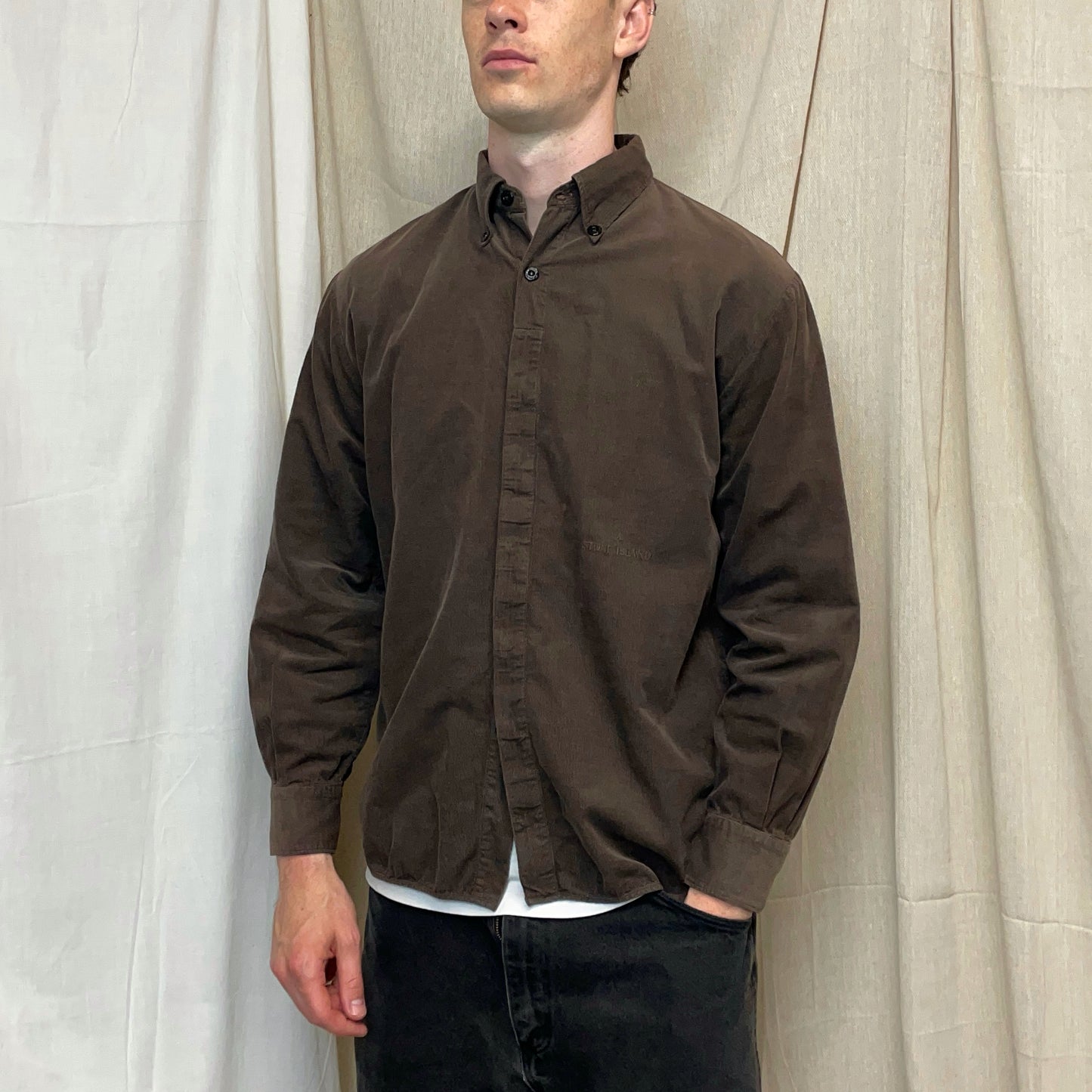 Stone Island Brown AW97 Fine Cord Concealed Button-Up Shirt