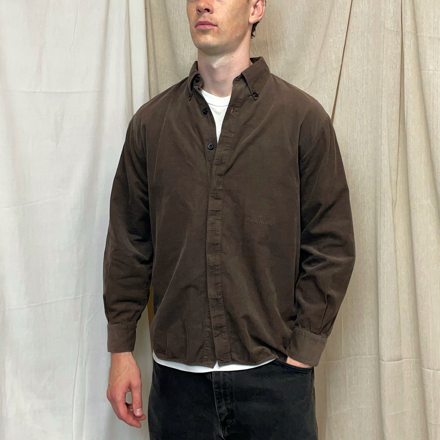 Stone Island Brown AW97 Fine Cord Concealed Button-Up Shirt