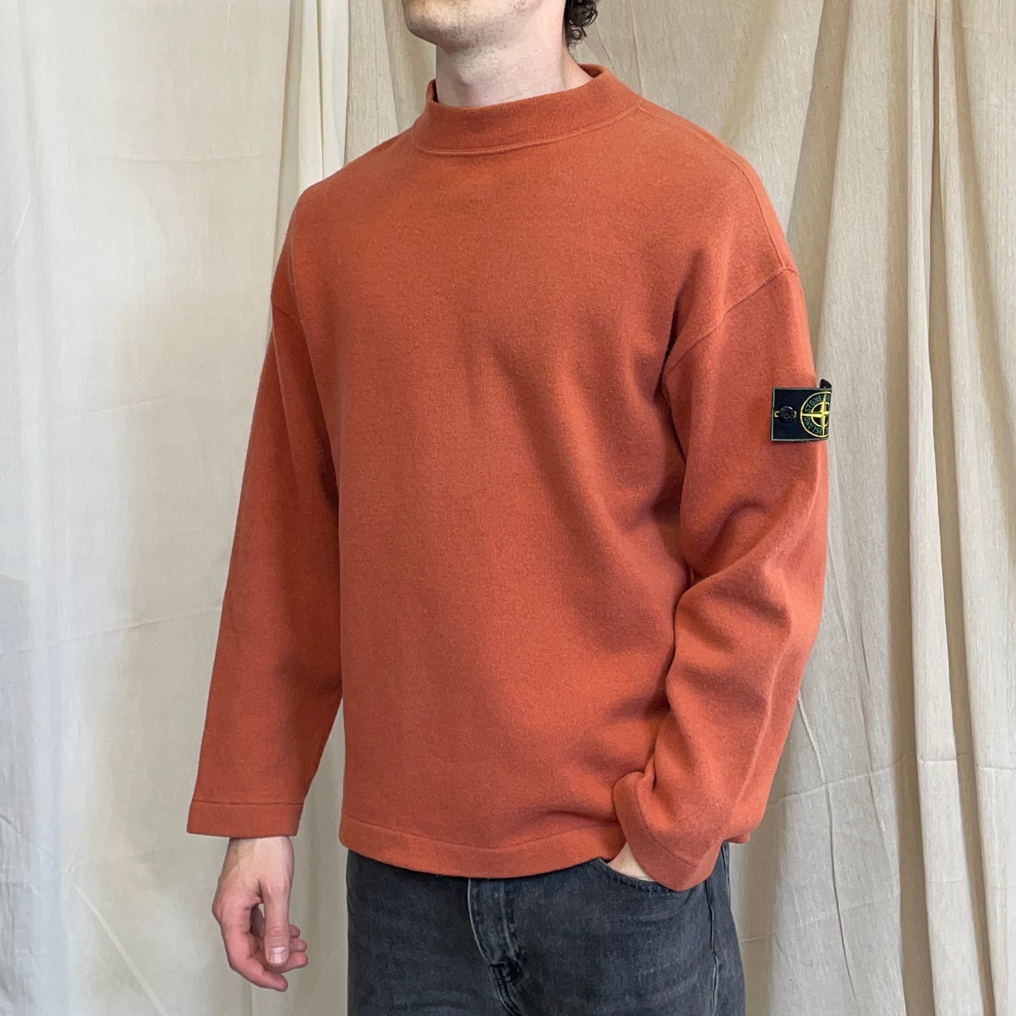 Stone Island Orange SS94 Wool Mockneck Green Edge Badge Knit Jumper