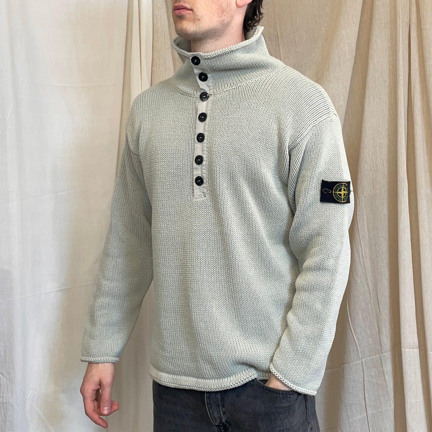 Stone Island Grey SS00 Heavyweight Button Collar Knit Jumper