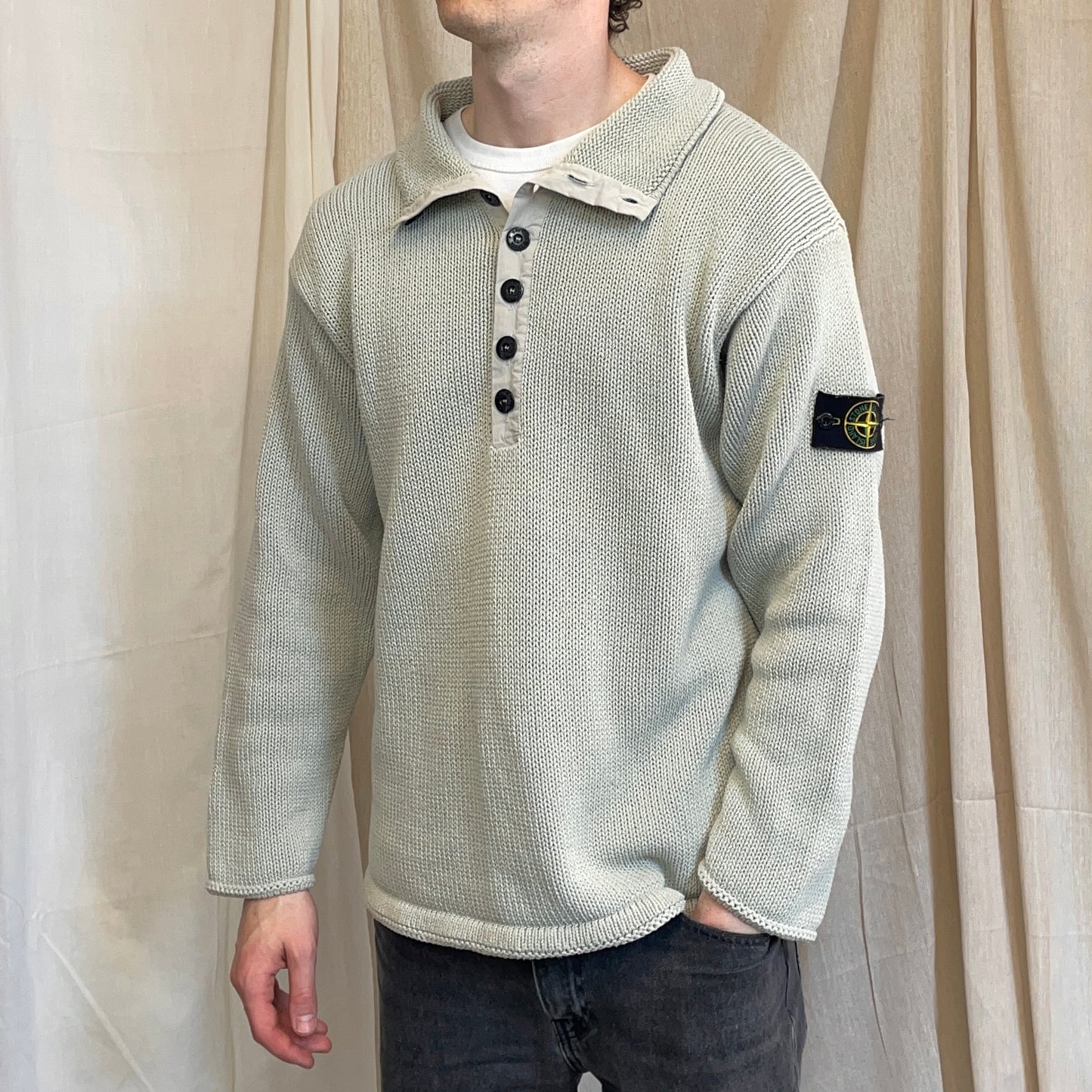 Stone Island Grey SS00 Heavyweight Button Collar Knit Jumper