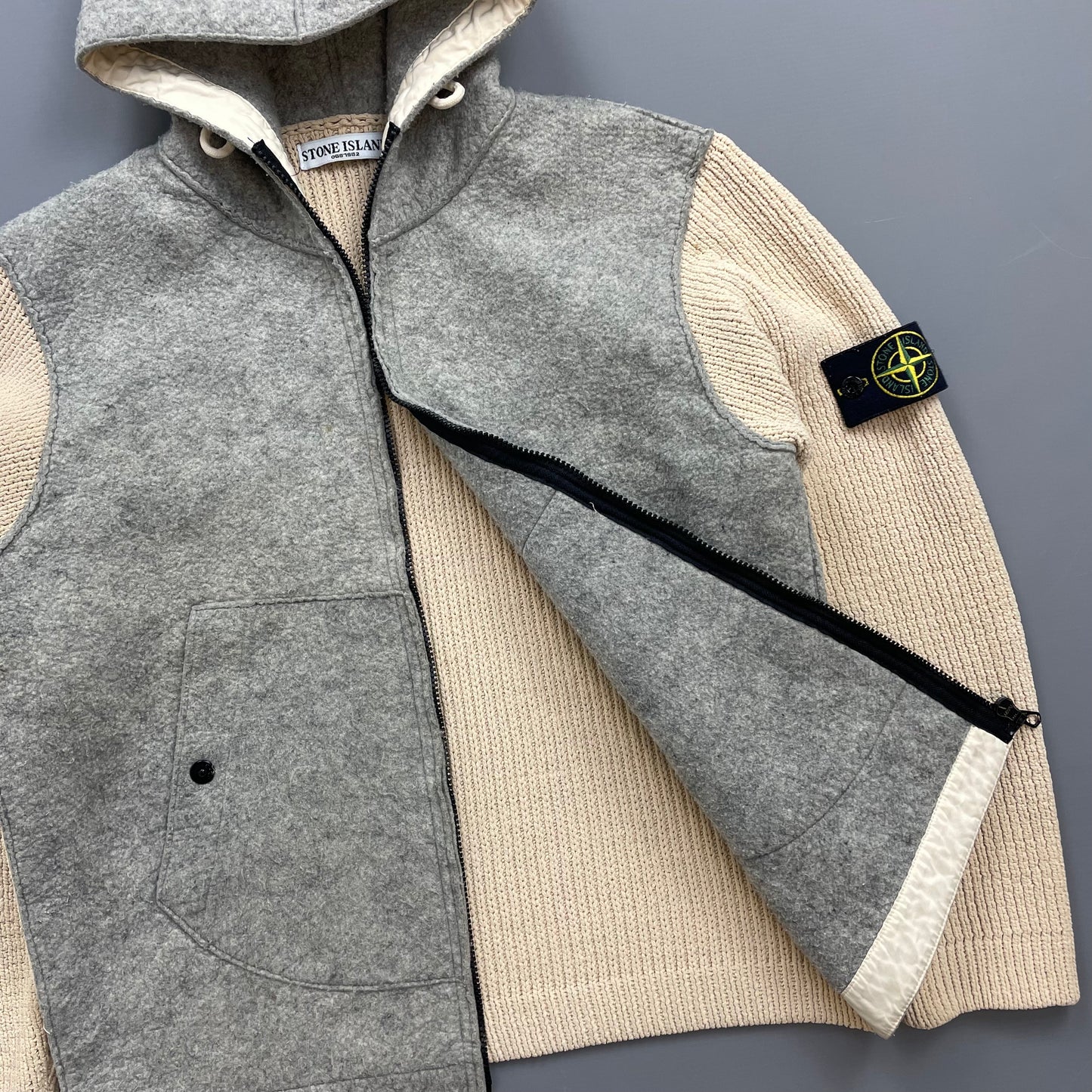 Stone Island Cream & Grey AW06 Hybrid Wool Knit Jacket