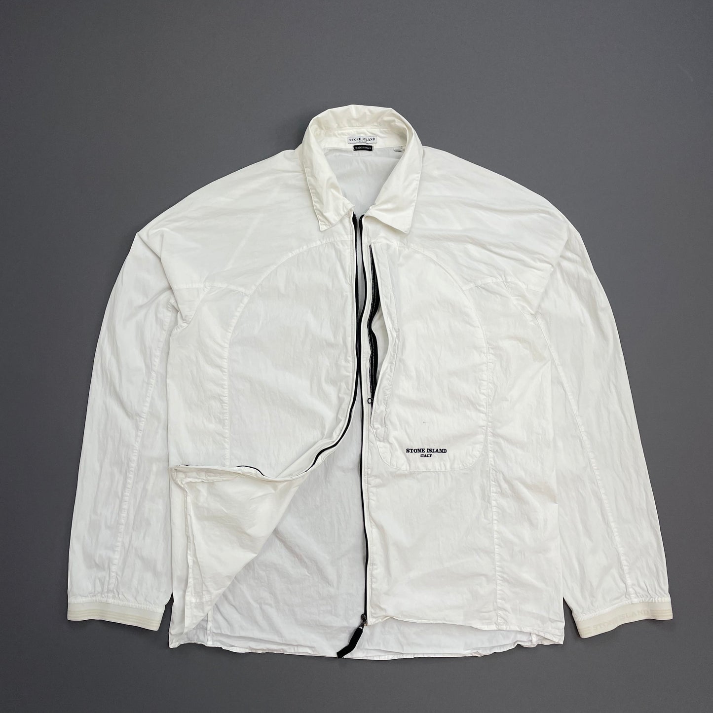 Stone Island White SS05 Technical Spiral-Stitch Lightweight Spellout Overshirt Jacket