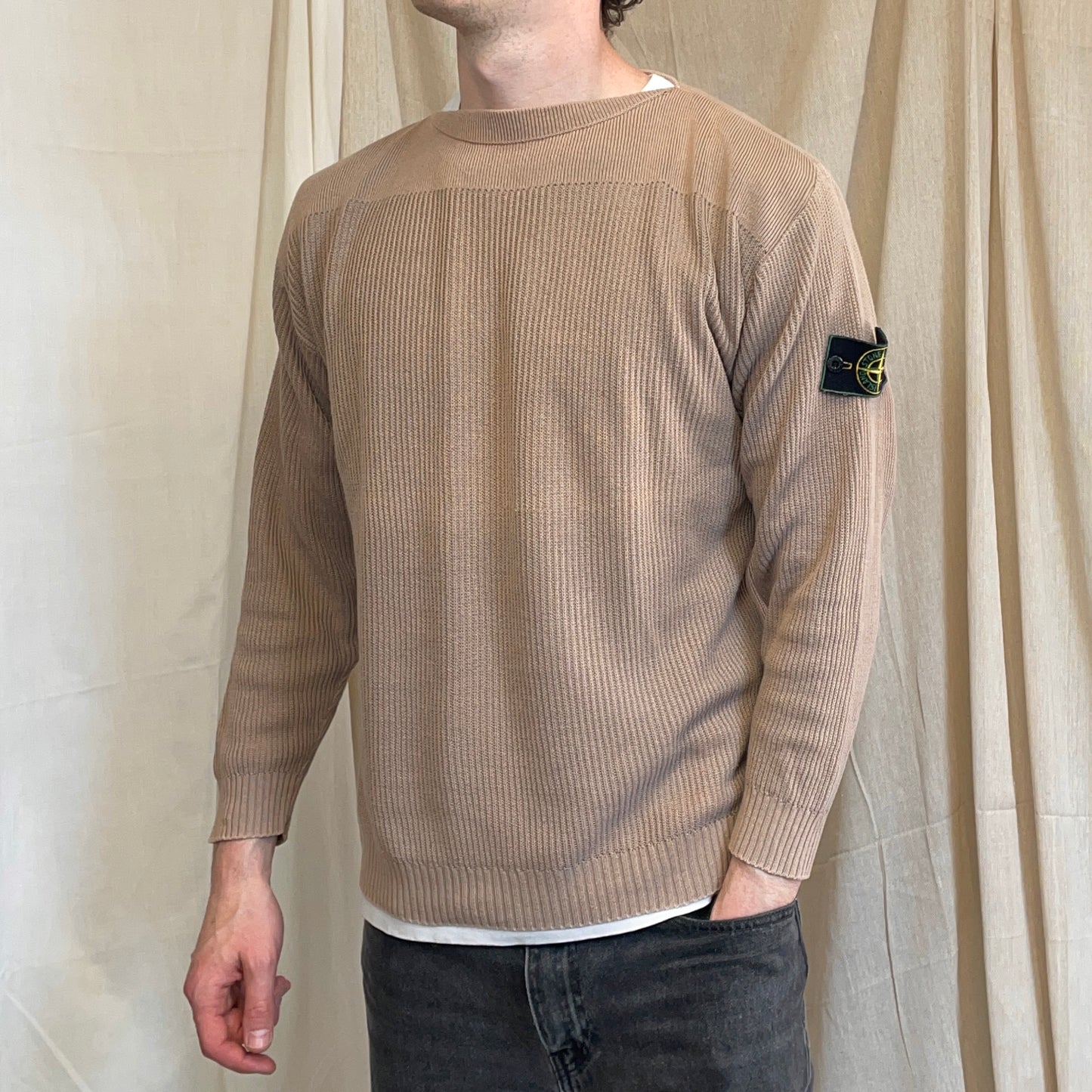 Stone Island Brown 1980s Boat Neck Green Edge Badge Ribbed Knit Jumper
