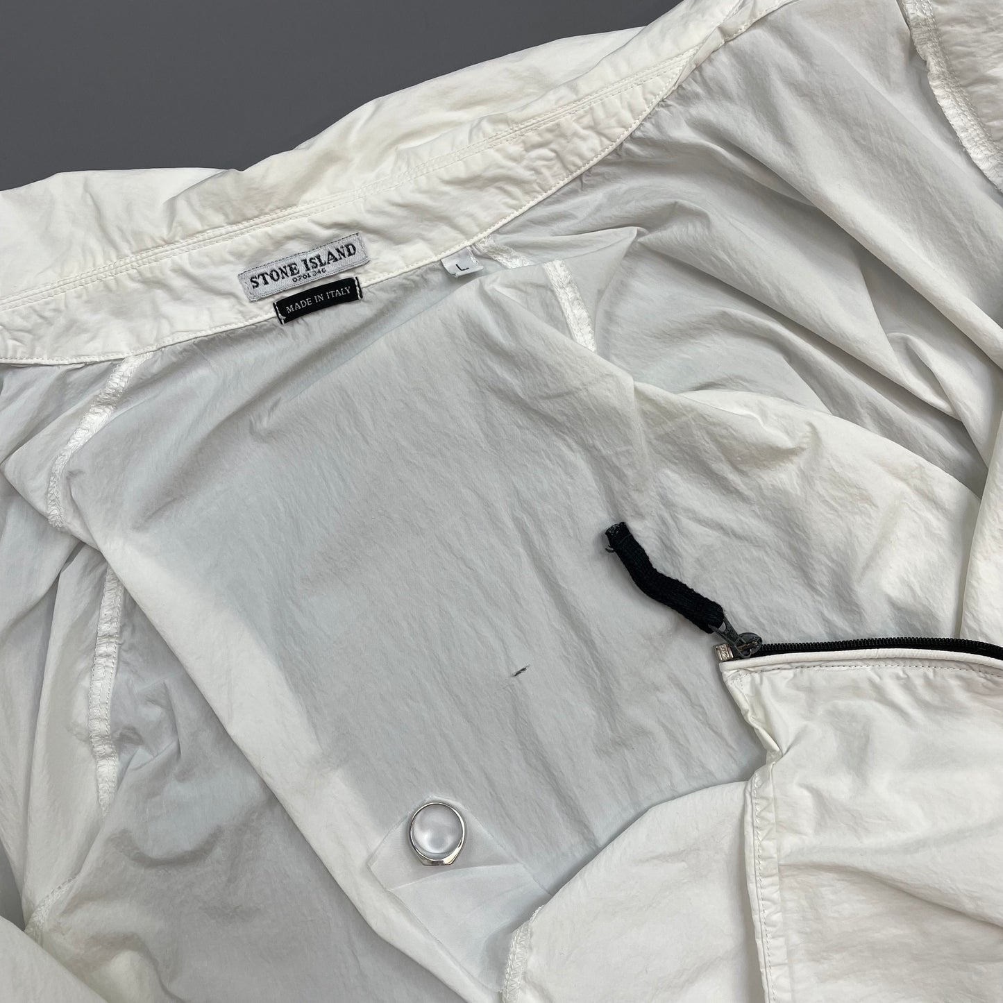 Stone Island White SS05 Technical Spiral-Stitch Lightweight Spellout Overshirt Jacket