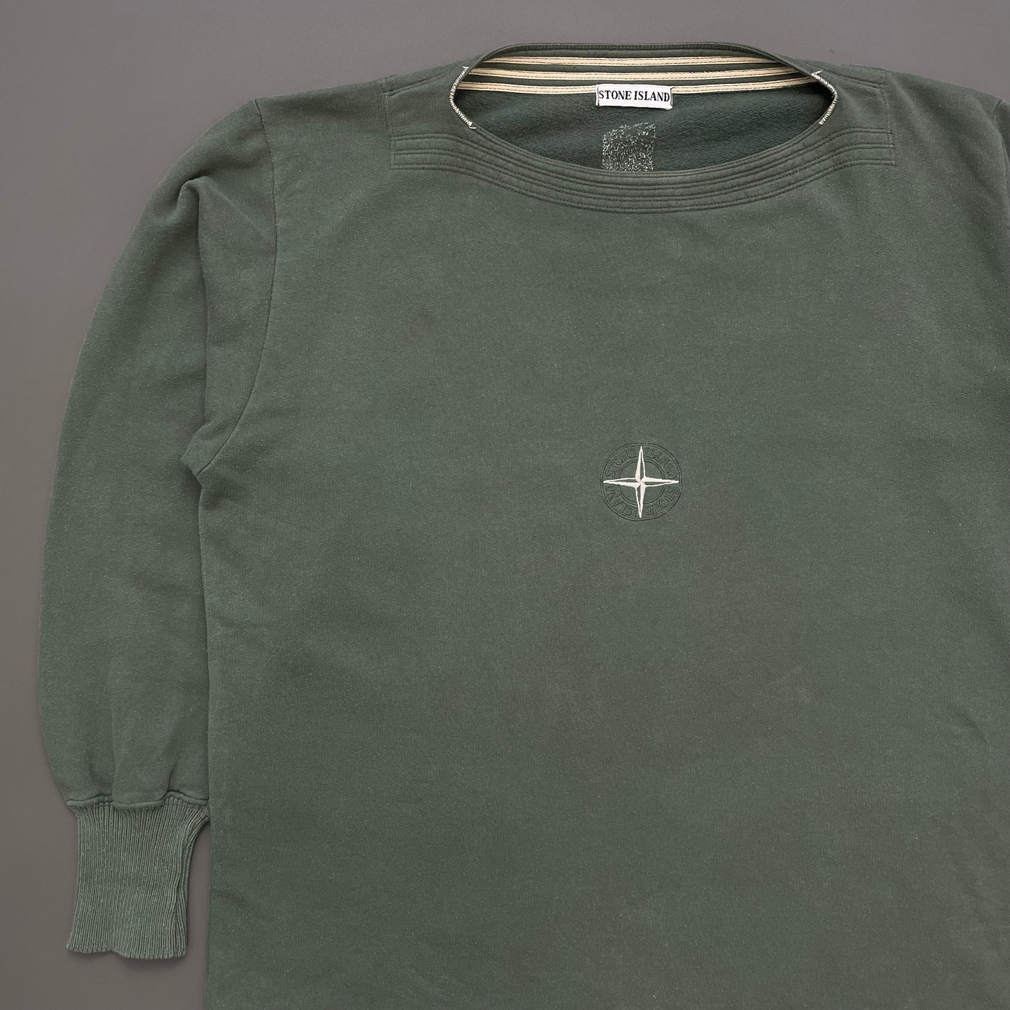 Stone Island Green 80s Boat Neck Embroidered Chest Emblem Jumper
