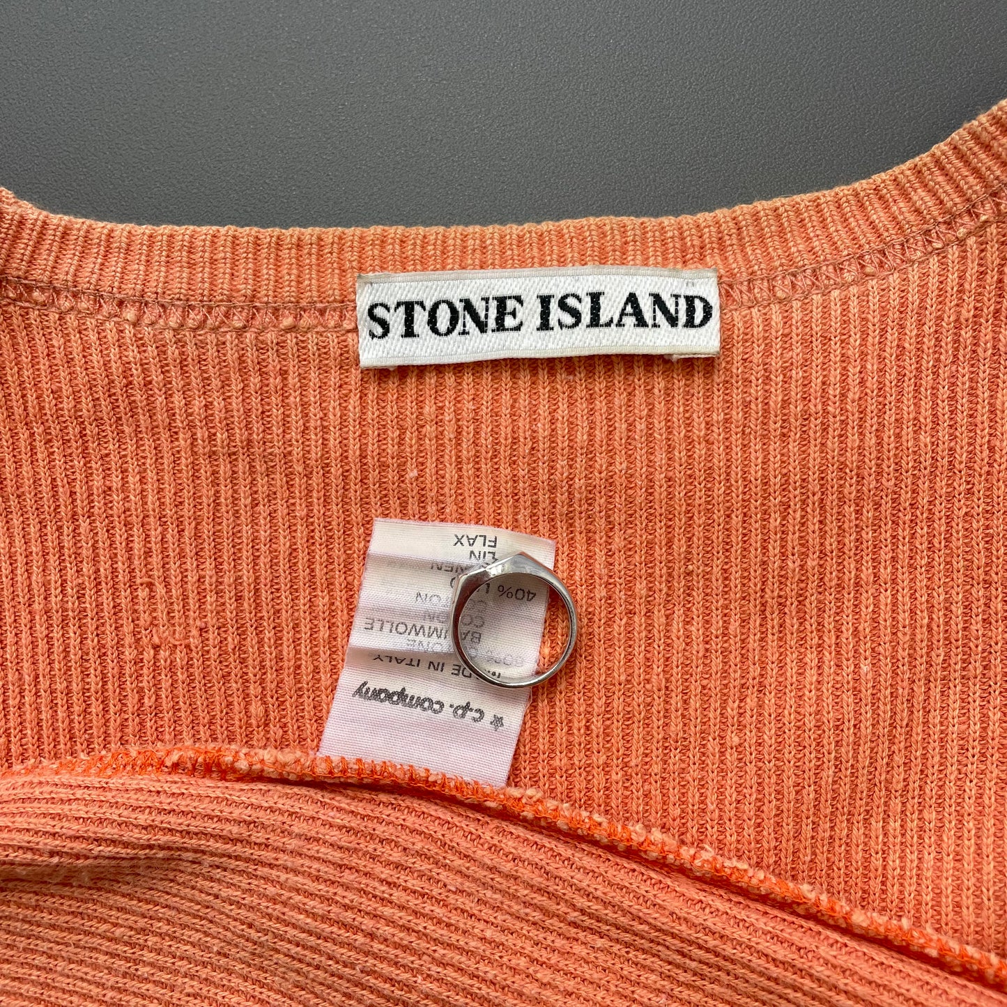Stone Island Orange 80s Linen-Blend Green Edge Badge Ribbed Knit Jumper