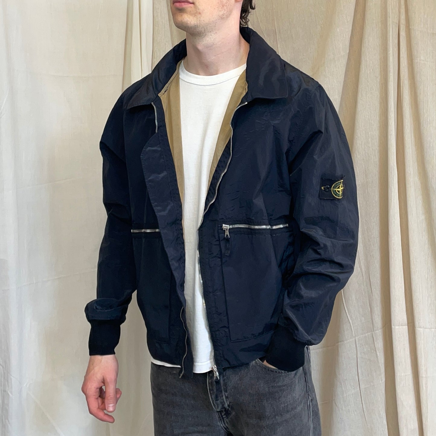 Stone Island Navy SS08 Nylon Metal Archivio Concealed Hood Lightweight Bomber Jacket