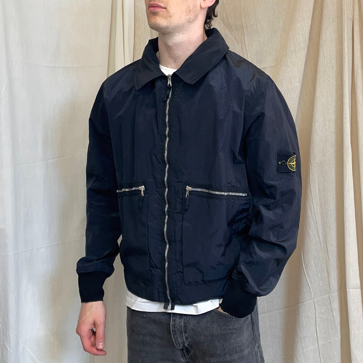 Stone Island Navy SS08 Nylon Metal Archivio Concealed Hood Lightweight Bomber Jacket
