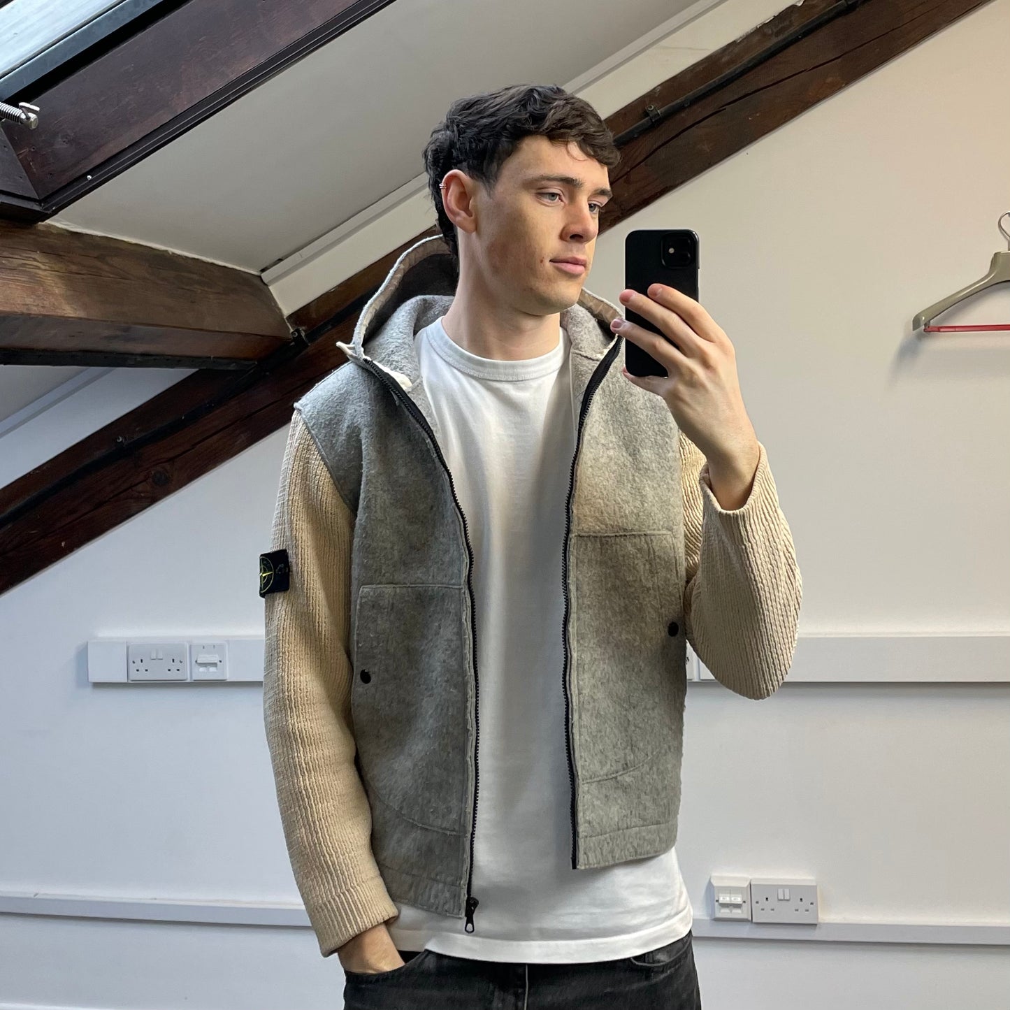 Stone Island Cream & Grey AW06 Hybrid Wool Knit Jacket