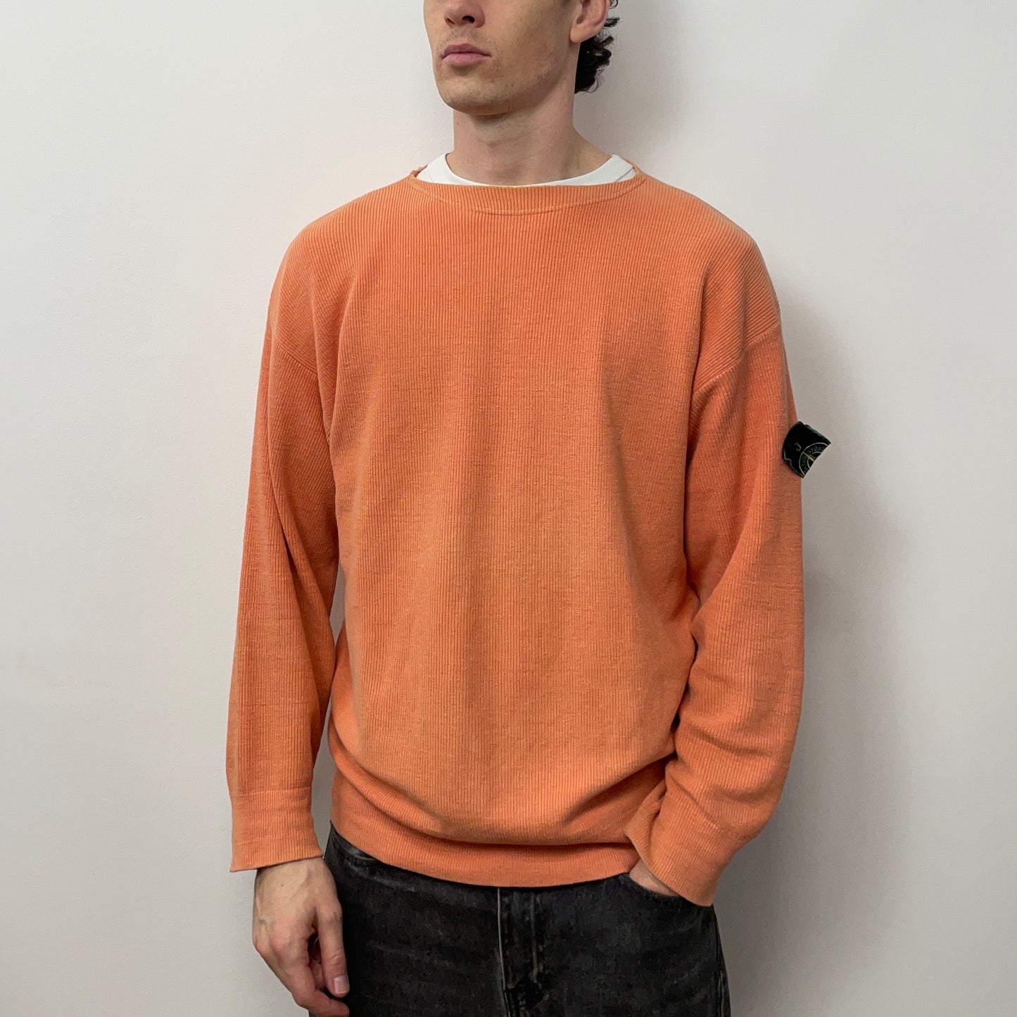 Stone Island Orange 80s Linen-Blend Green Edge Badge Ribbed Knit Jumper