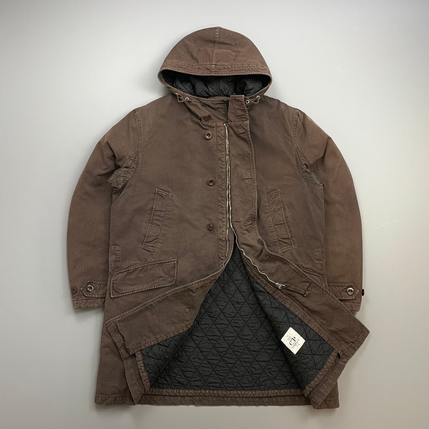 C.P. Company Brown 00s Canvas Hooded Longline Parka Coat