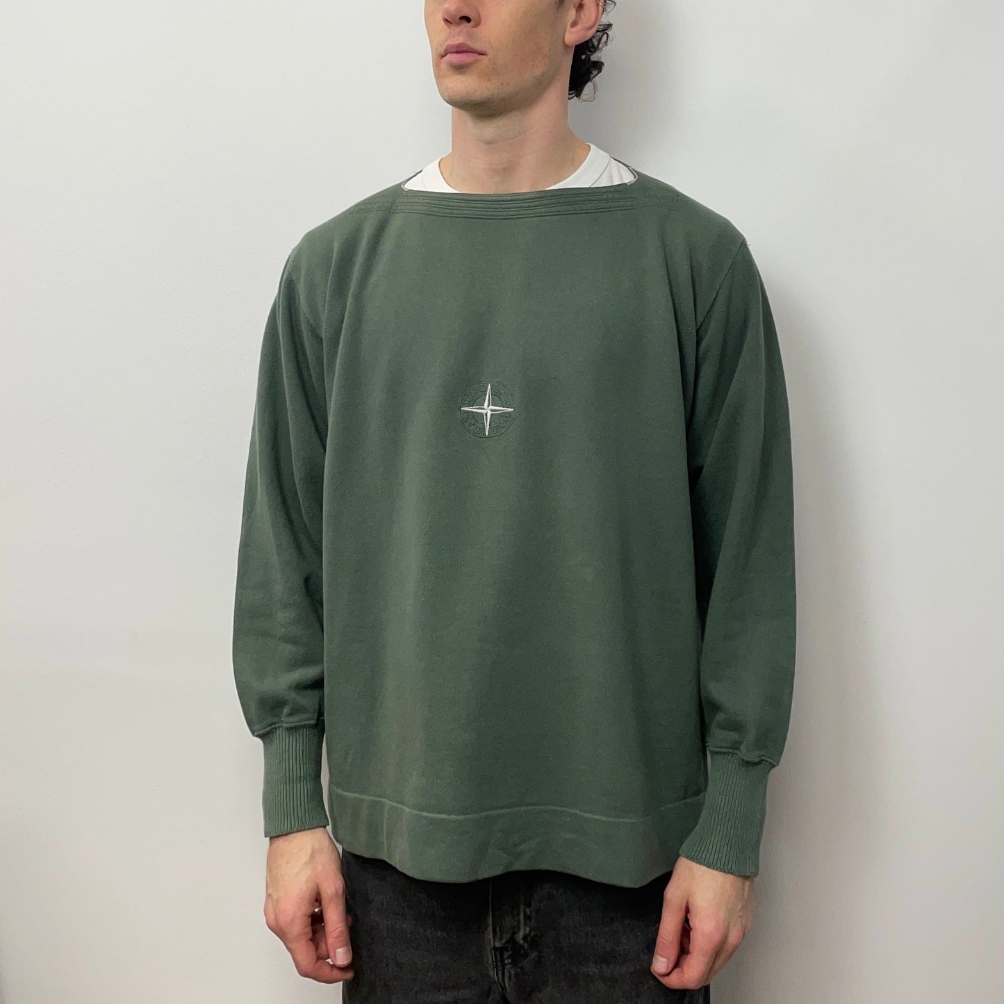 Stone Island Green 80s Boat Neck Embroidered Chest Emblem Jumper