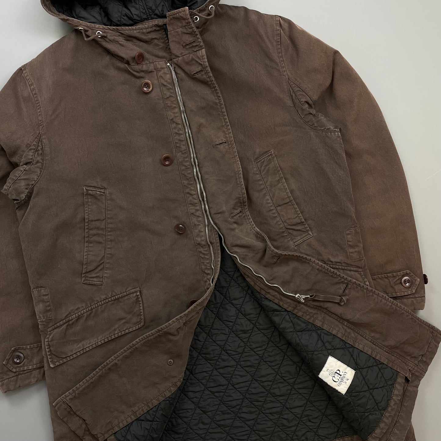 C.P. Company Brown 00s Canvas Hooded Longline Parka Coat