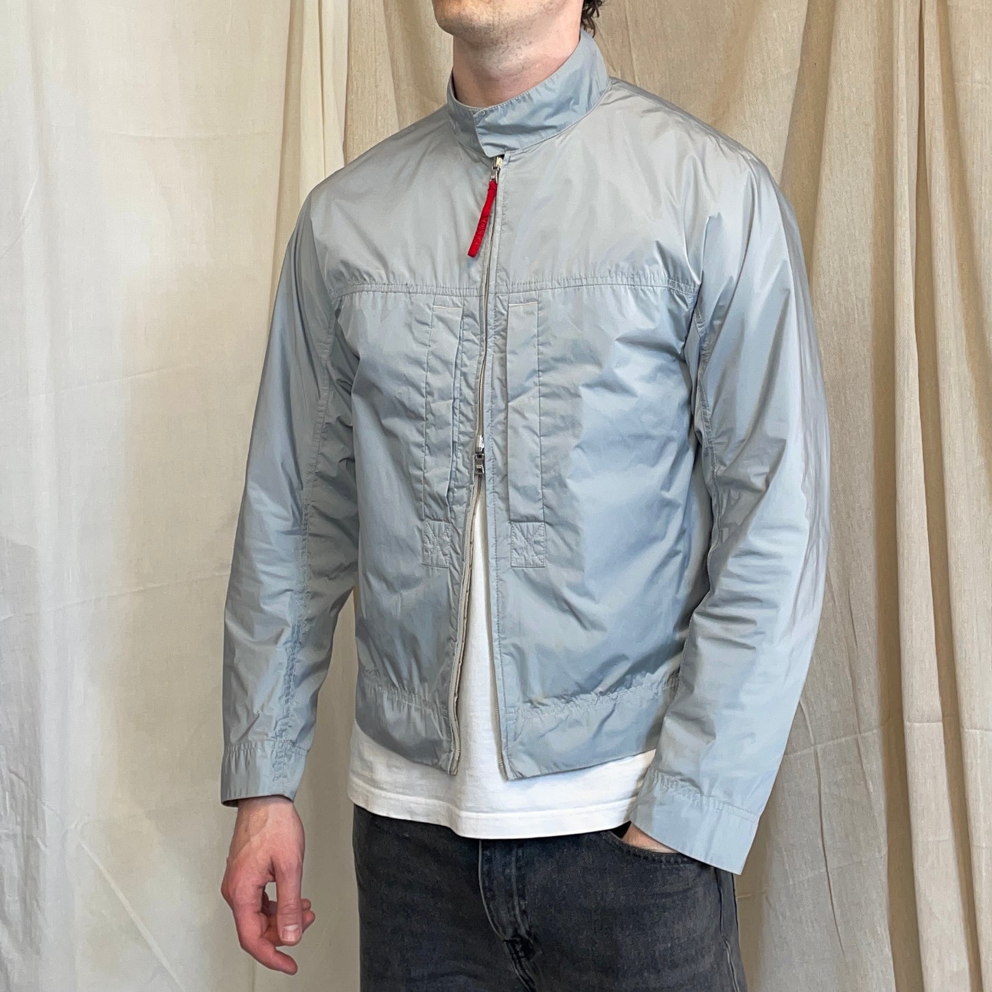 Prada Sport Beige & Blue 00s Reversible Lightweight Nylon Biker Jacket
