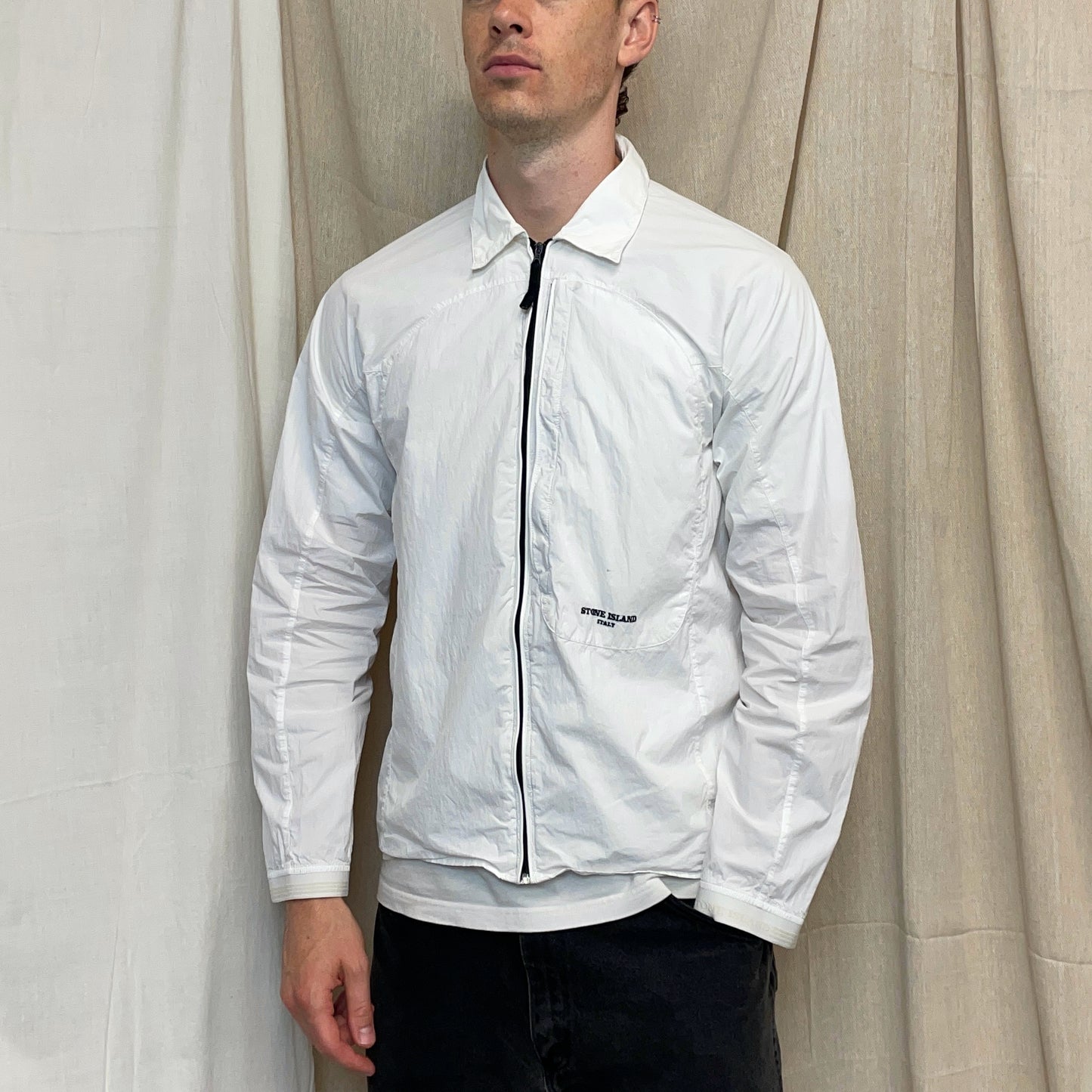 Stone Island White SS05 Technical Spiral-Stitch Lightweight Spellout Overshirt Jacket