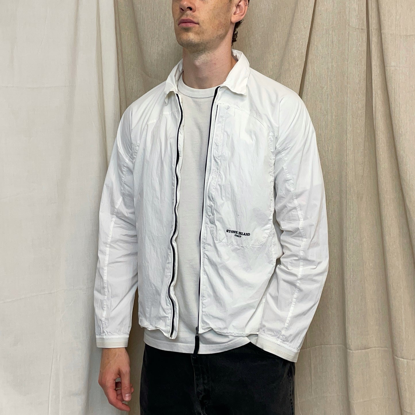 Stone Island White SS05 Technical Spiral-Stitch Lightweight Spellout Overshirt Jacket