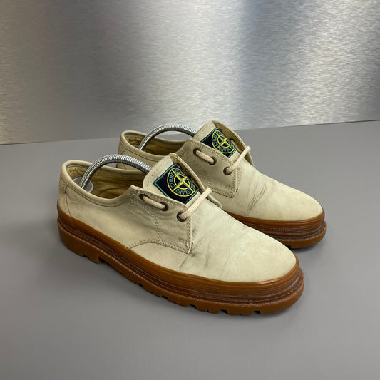 Stone Island Cream 80s Leather Green Edge Badge Gum Sole Derby Shoes