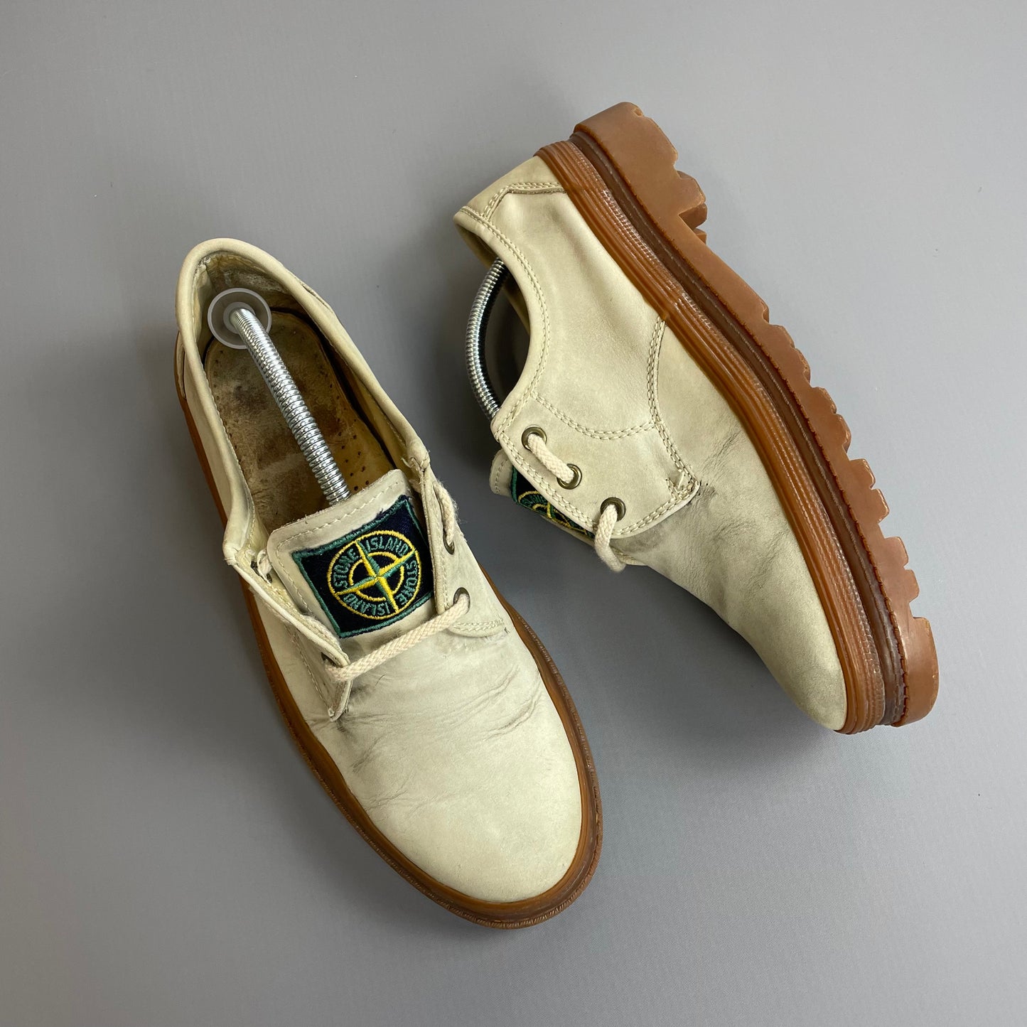 Stone Island Cream 80s Leather Green Edge Badge Gum Sole Derby Shoes