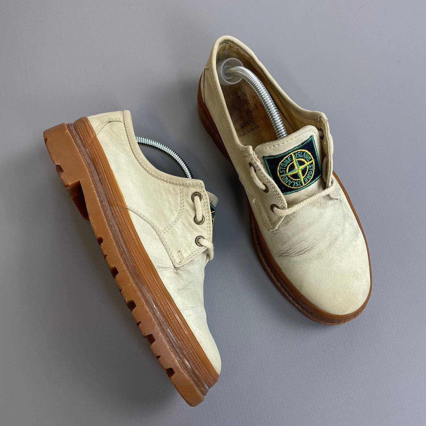 Stone Island Cream 80s Leather Green Edge Badge Gum Sole Derby Shoes