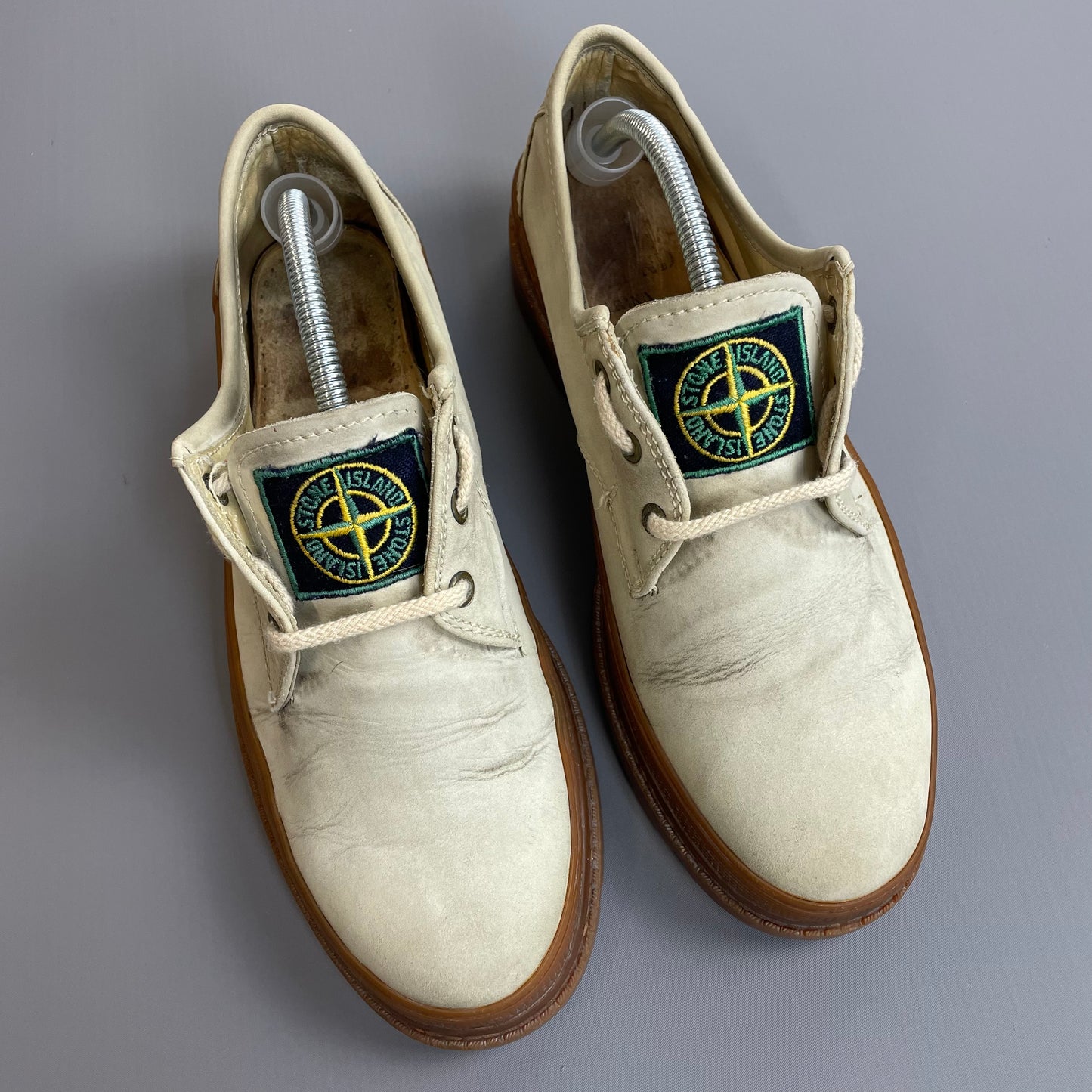 Stone Island Cream 80s Leather Green Edge Badge Gum Sole Derby Shoes